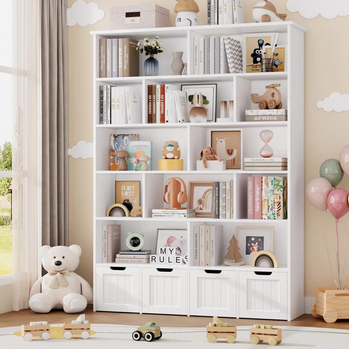 FOTOSOK Bookshelf and Bookcase with 4 Movable Drawers, Toy Organizer with Hidden Wheels and 12 Open Cubbies, Tall Bookshelf Large Open Book Shelf Standing Book Case for Home Office