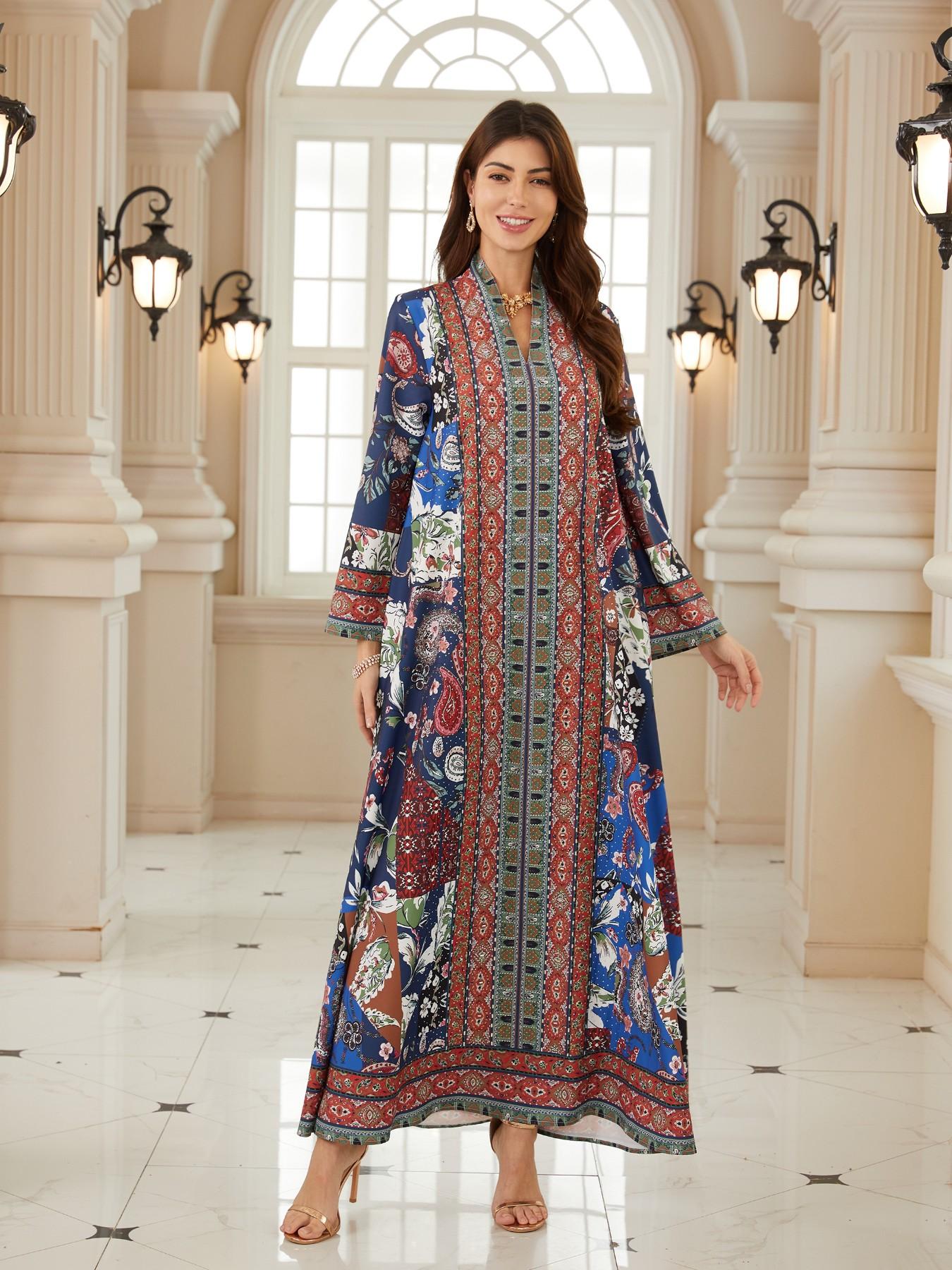 Women's Blue Printed Embellished Long Robe, Dubai Style Kaftan Evening Gown, Eid Al-Fitr Festival Dress, Abaya with Full Rhinestones