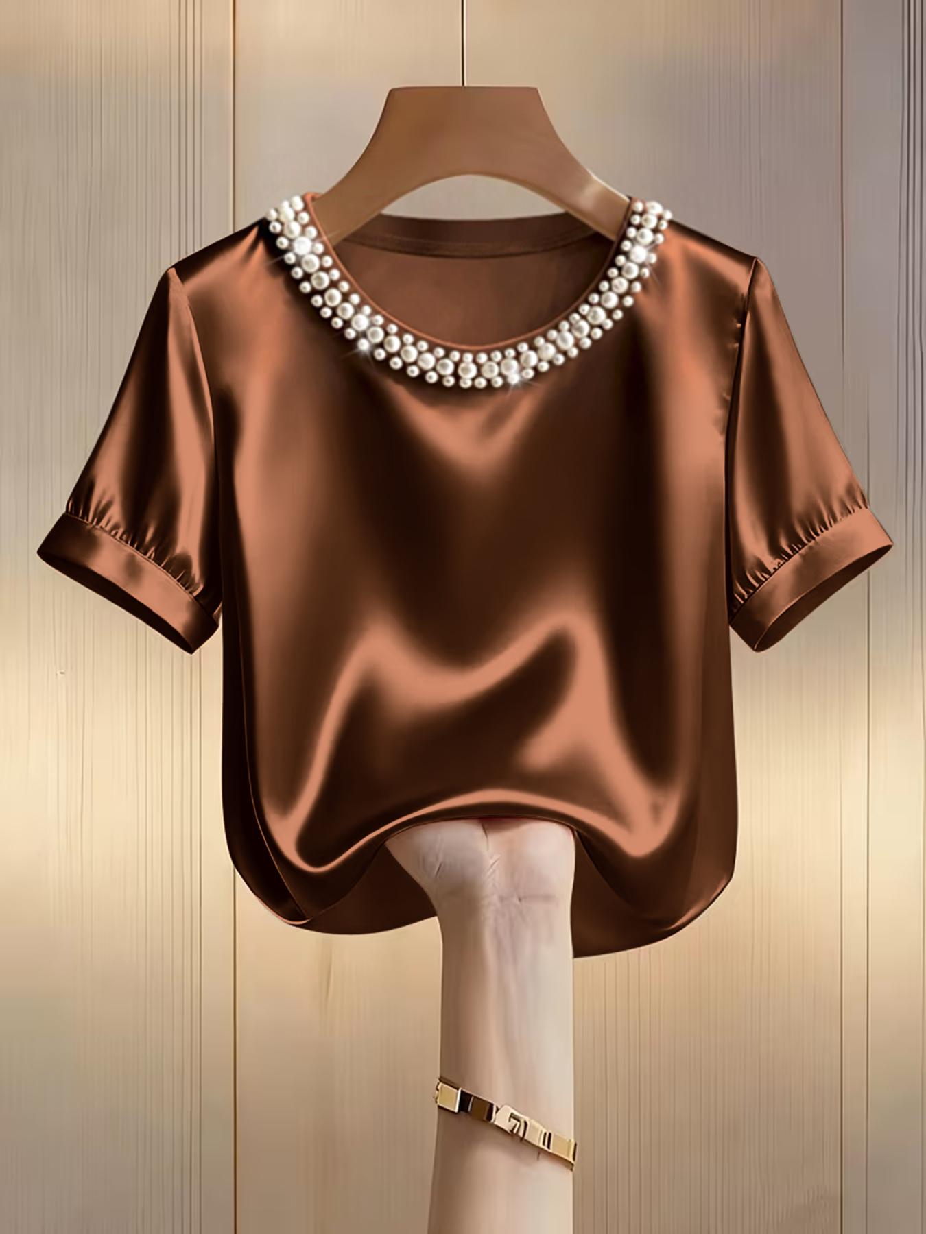 Women's Fashion Pearl Round Neck Solid Color Short Sleeve Fitted T-Shirt Top, Casual Summer Wear, Stylish Ladies' Clothing