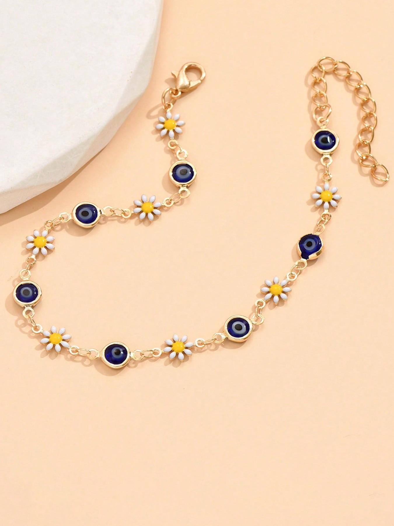 Elegant Daisy Anklet, Boho Style Blue Turquoise Eye Elephant Metal Chain, Summer Beach Foot Jewelry for Women, Trendy Accessory