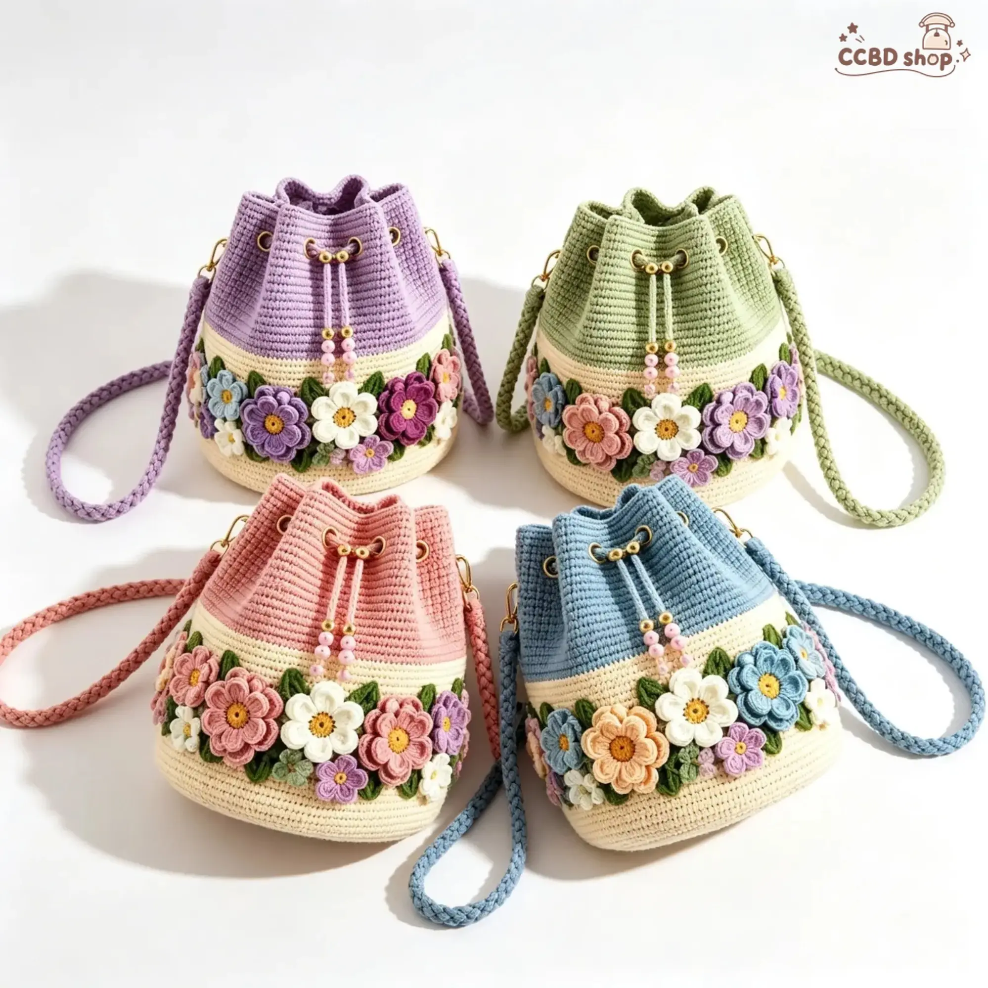 Women's Handwoven Crochet Floral Bucket Bag, 3D Textured Flower Ornaments, Beaded Adjustable Drawstring, Lightweight Spacious Boho Crossbody Purse for Summer Beach, Vacation & Daily Casual Outings