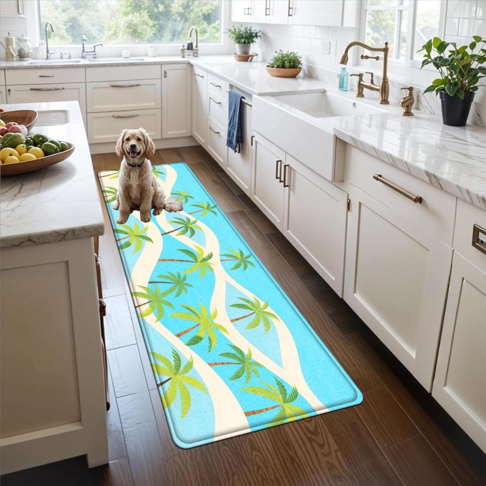 1PC， Spring Coconut Tree Beach Scene Patterned strip rugs, home décor, bathroom mats, entryway mats, bathroom non-slip mats, indoor entrance rugs, bedroom bedside mats, kitchen mats, hallway rugs, flannel sponge rugs, hallway runner rugs