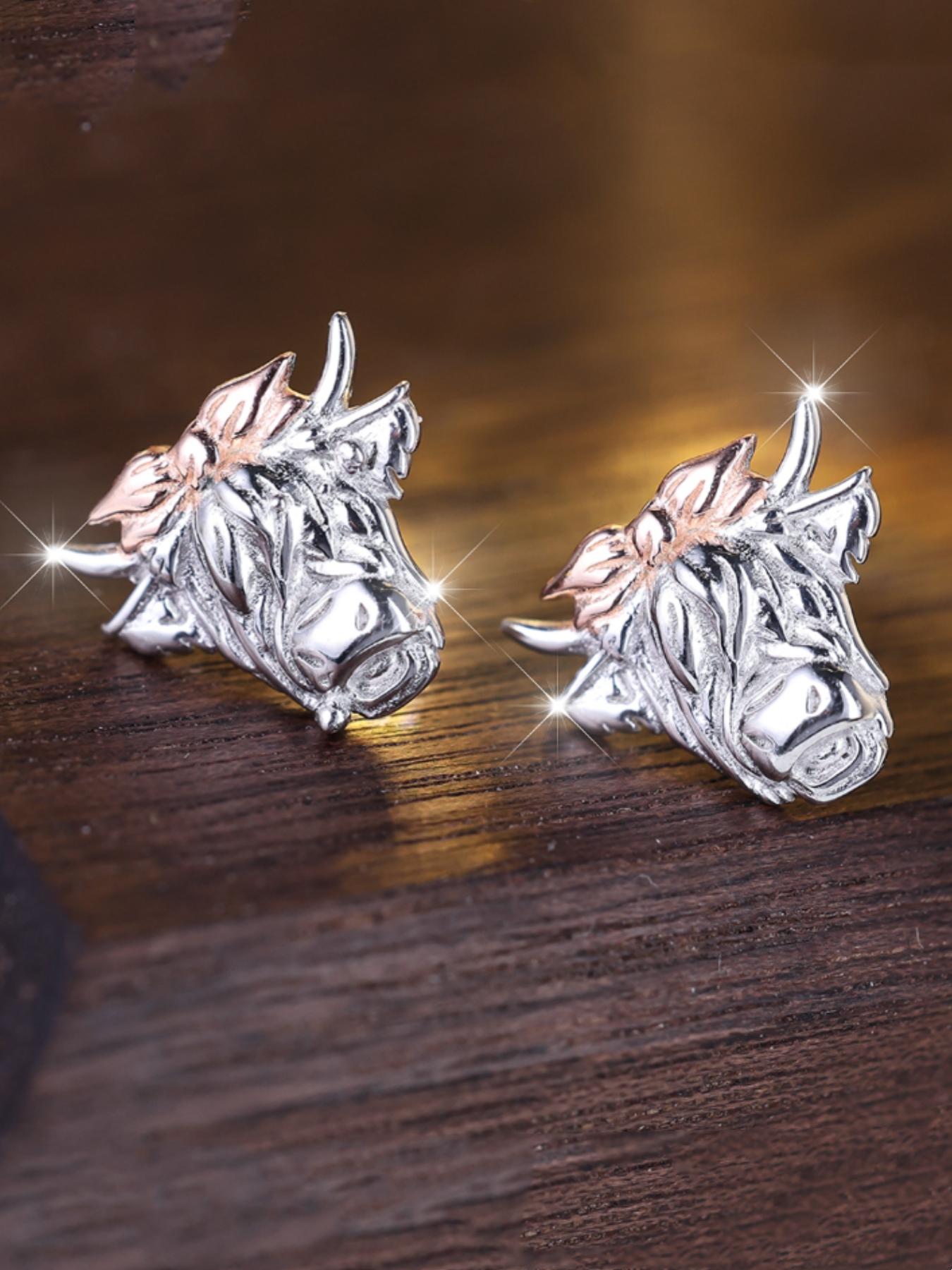 925 Sterling Silver Cute Bull Head Design Earrings, Pretty Studs, Punk Style Jewelry for Party, Daily Clothing Decor for Girl, Trendy All-match & Exquisite Jewelry for Gift