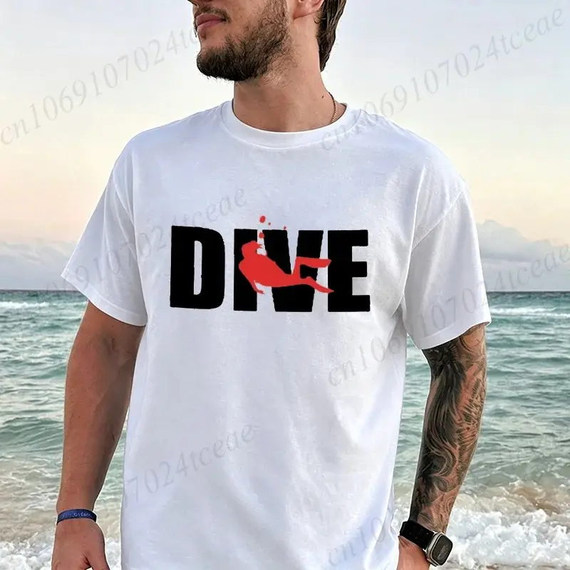 2026 Minimal Red DIVE Letter Diver Graphic T‑Shirt, Simple Scuba Diving Short Sleeve Unisex Tee, Vintage Y2K Beach Vacation Casual Streetwear Tops, Ideal Daily Shirts for Scuba Divers & Ocean Lovers Men Women