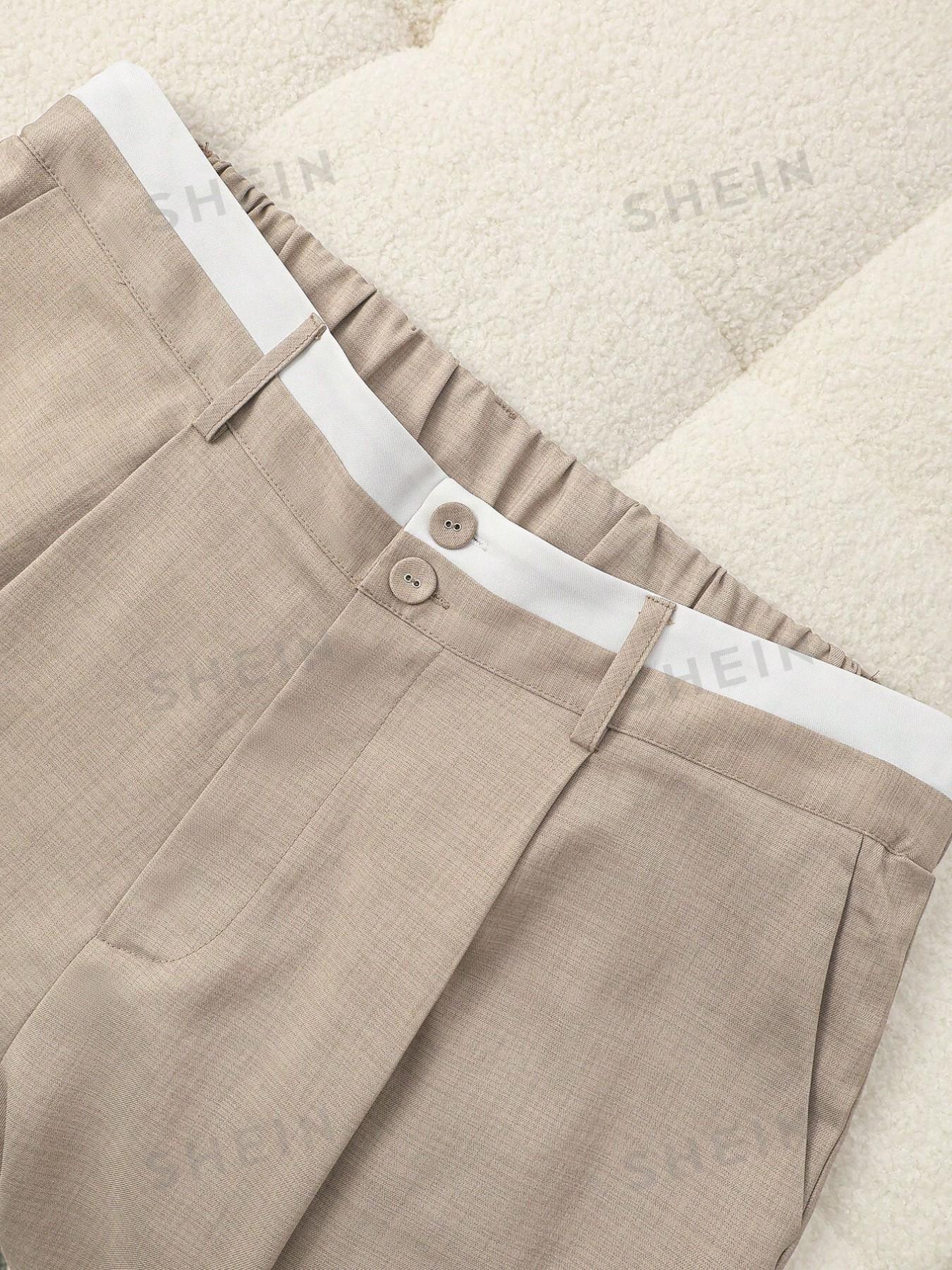 Plus Size High Waist Wide Leg Suit Pants, Women's Elastic Back Waist Front Pleat Pockets, Office Casual Long Pants