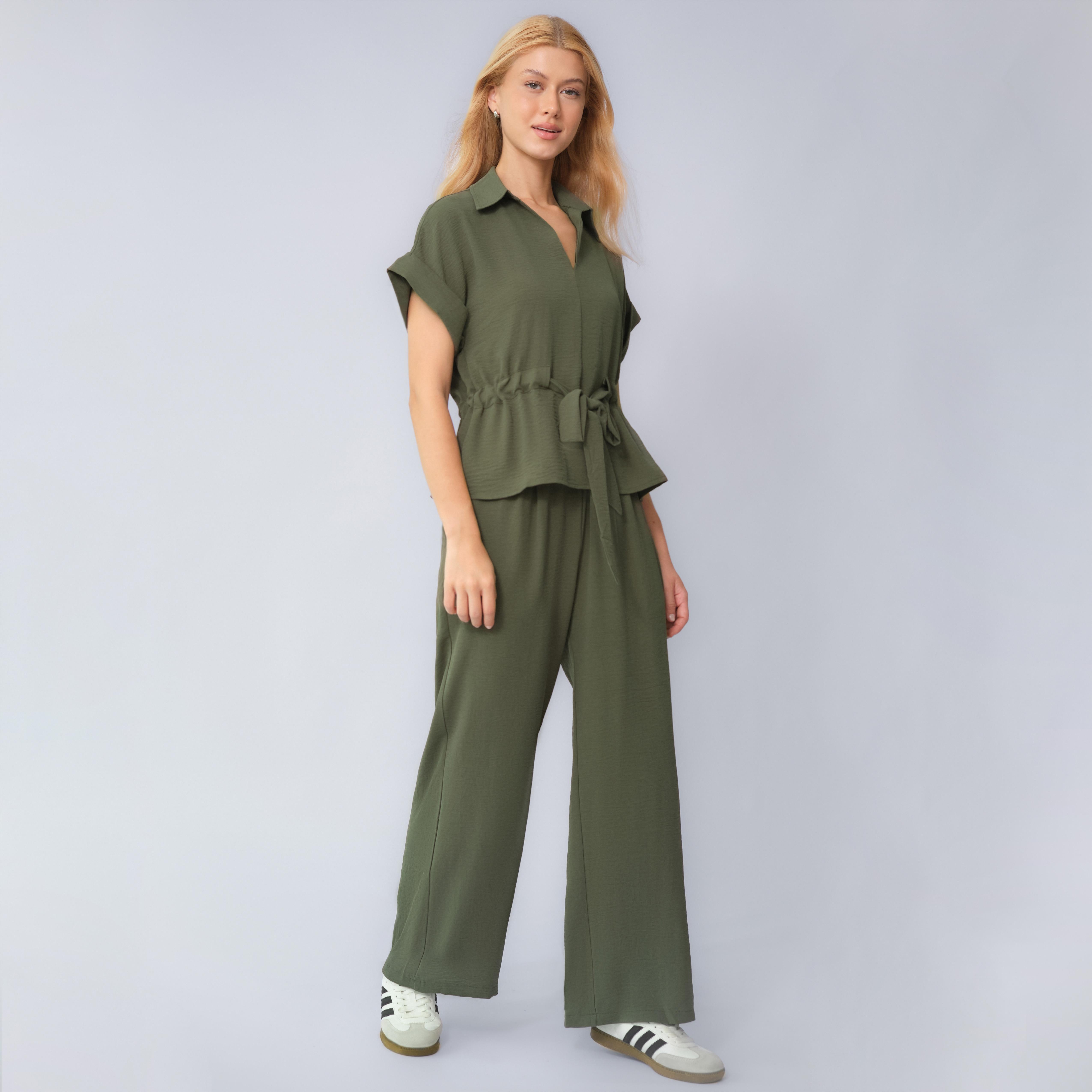 Two-Piece Set Women's Solid Versatile Minimalist Collared Top & Wide Leg Trousers, Casual Rolled-Up Short Sleeve Top & Pants for Daily Wear, Ladies Clothes for All Seasons, Suits
