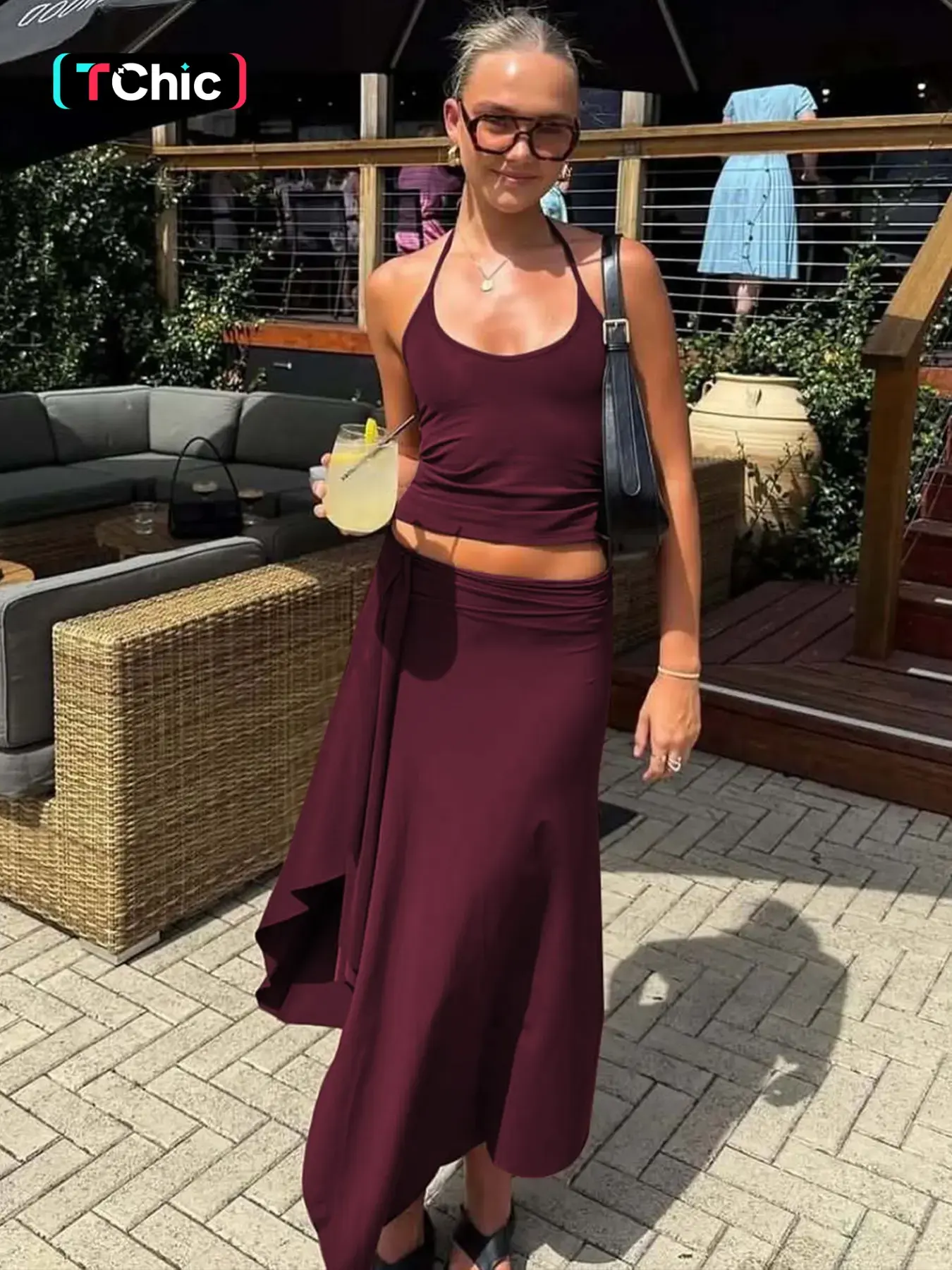 Women's Summer Matching Set, Solid Sleeveless Tie-neck Cami Top & Bodycon Side Split Irregular Hem Long Skirt Two-piece Set, Sexy Backless Halter Neck Camisole Crop Tank Tops with Slit Ruffles Skirts Suit, Ladies Party Club Date Holiday Casual Outfits