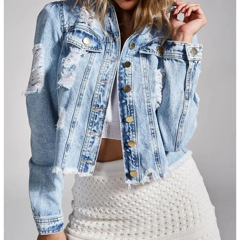 Fashion Women's Ripped Burr Denim Coat