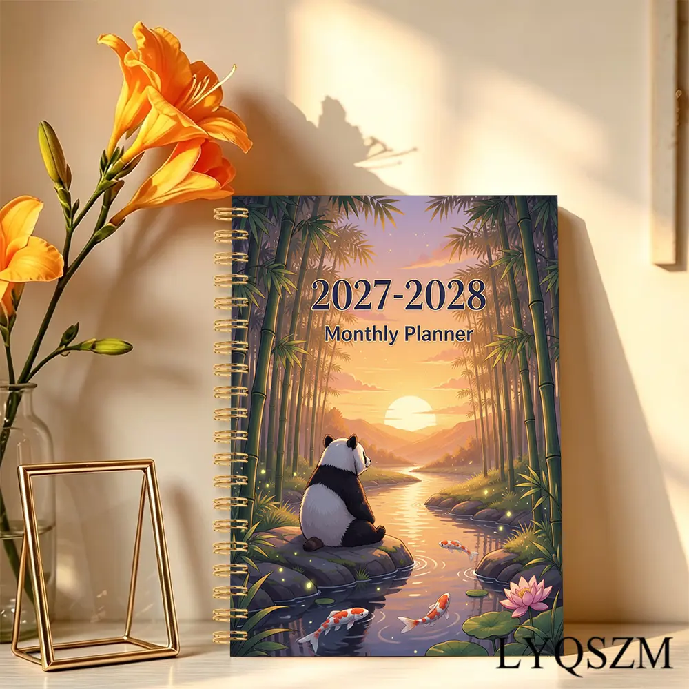 2027-2028 Monthly Planner Calendar 24 Months Jan 2027 to Dec 2028, Panda Bamboo Forest Koi Fish Lotus Sunset Cover, Thick Paper, Elastic Cover, Durable Double Wire Spiral Binding, Monthly Tags Yearly