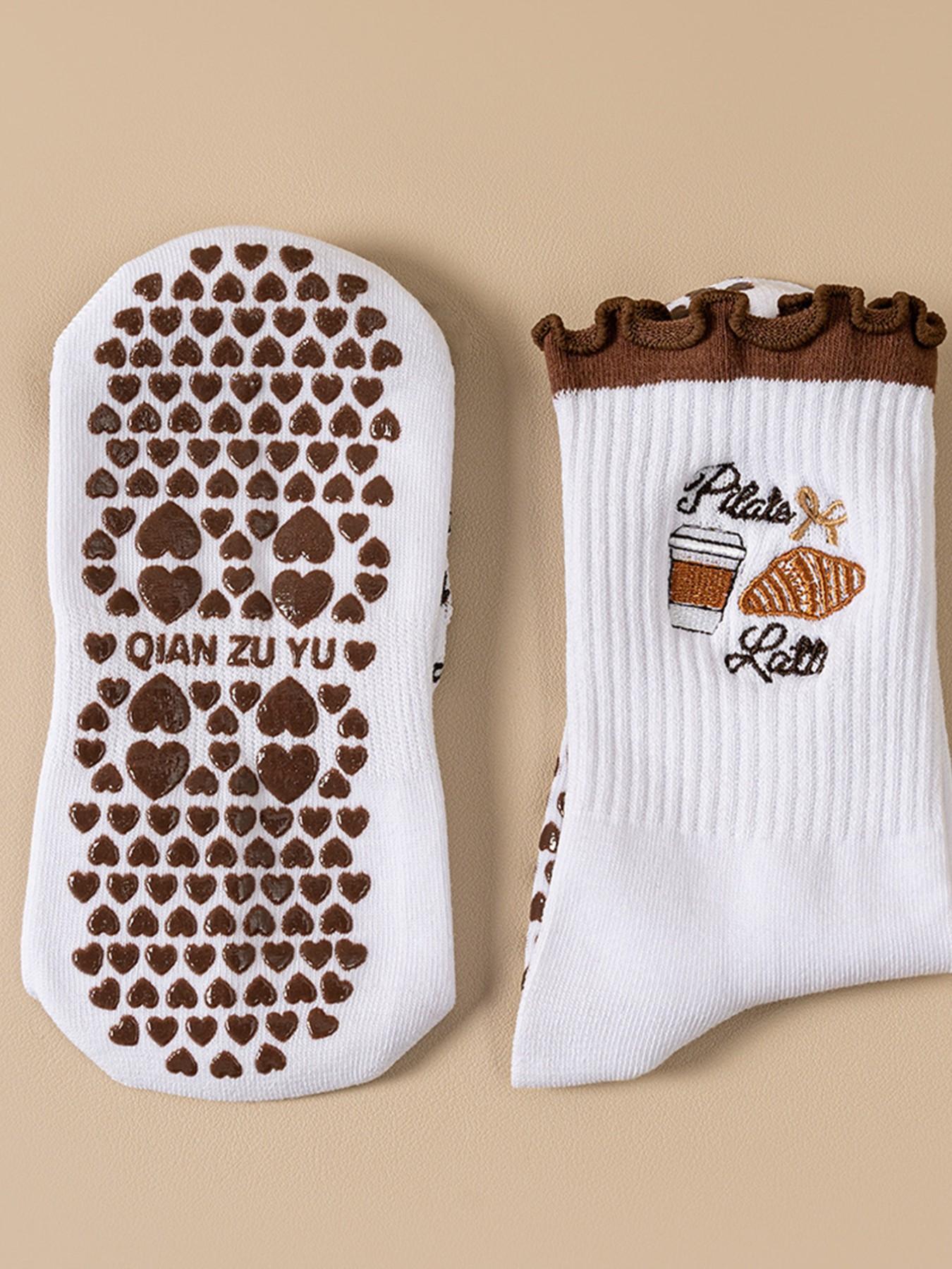 Women's Sports Socks, Cute Cartoon Embroidered Lace-Up Design, Professional Anti-Slip Silicone Yoga Socks, Indoor Dance Floor Socks