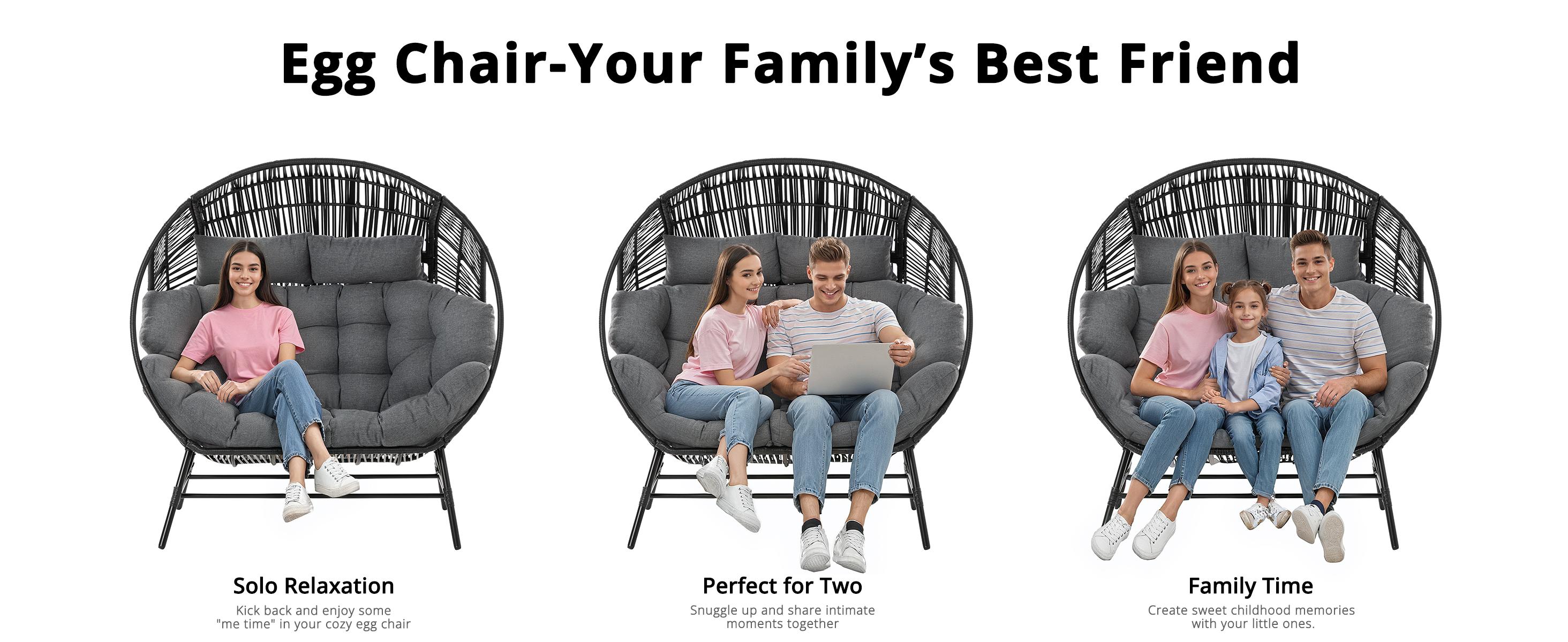 IRONCK Wicker Outdoor Egg Chair with Ottoman, Patio Lounge Chair with Footrest, Thickened Padded Cushion and Headrest, Egg Seat for Patio, Living Room, Garden, Balcony, Dark Gray