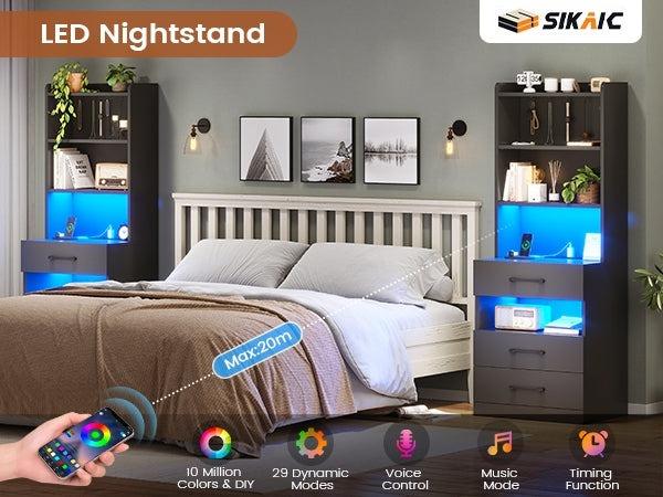 Sikaic LED Tall Nightstand with Charging Station 3 Drawers & Bookshelf Modern Design Home Vanity Desk RGB LED Lights Adjustable Shelves Multi-Color LED Strip 2 AC Outlets 2 USB Ports