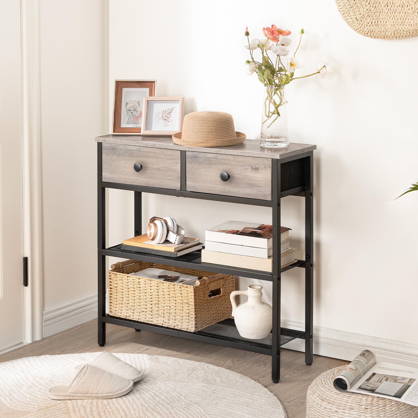 HOOBRO 29.5" Narrow Console Table with 2 Fabric Drawers, Modern 3-Tier Storage Shelves, Organizing Side Table, for Hallway, Grey & Black - Furniture