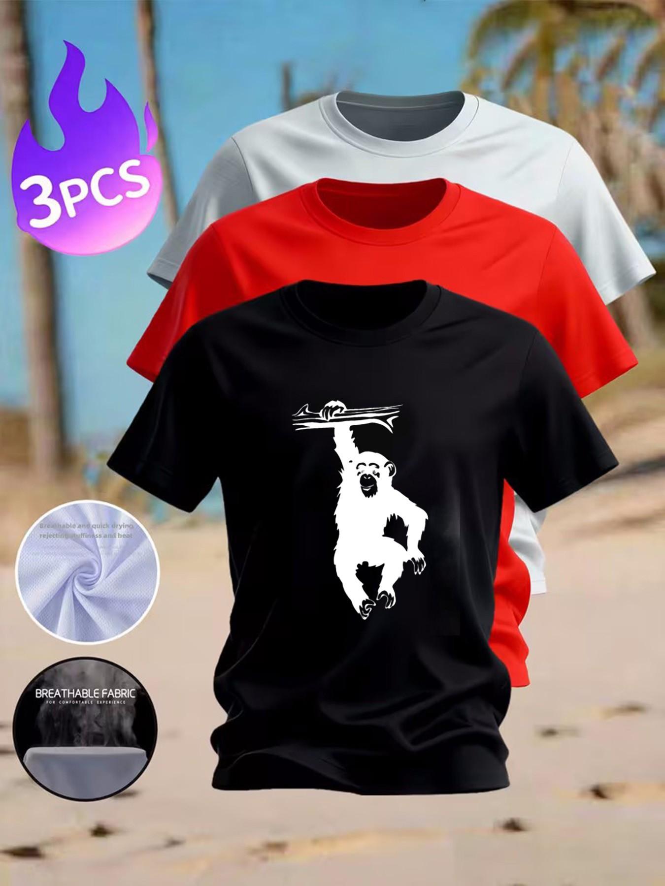 3-Pack Men's Quick Dry Monkey Print T-Shirts, Breathable Casual Short Sleeve Tees for Summer