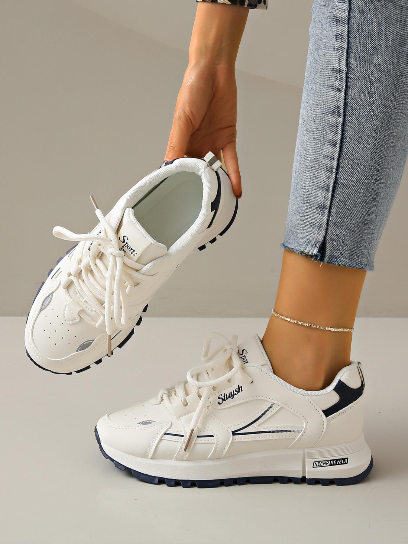 Women's Fashionable Letter & Striped Pattern Lace Up Low Top Sneakers, Casual Comfortable Breathable Sports Running Shoes, All-match Basic Shoes for Daily Wear, Sporty Running Fashion1123