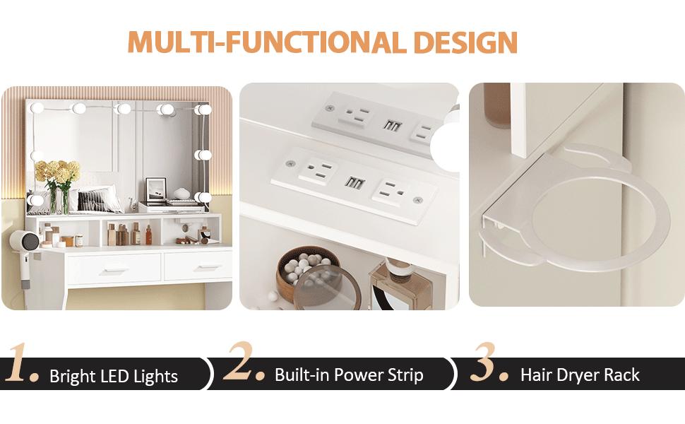 Vabches 31.5in(W) Makeup Vanity with Lighted Mirror & Power Outlet, White Vanity Set Vanity Desk, Clearance Makeup Vanity 3 Lighting Colors, Brightness Adjustable