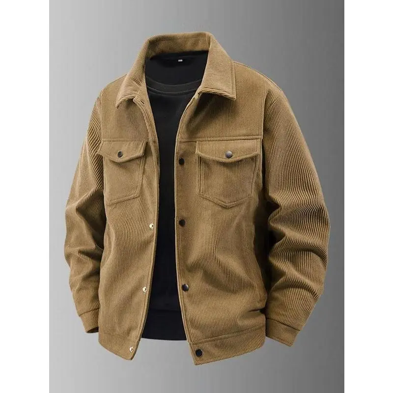 Men's Corduroy Bomber Jacket, Autumn Casual Vintage Style with Snap Button Flap Pockets, Midweight Long Sleeve Coat, Beige, Medium Size, Retro Men's Outerwear for Daily Wear Classic