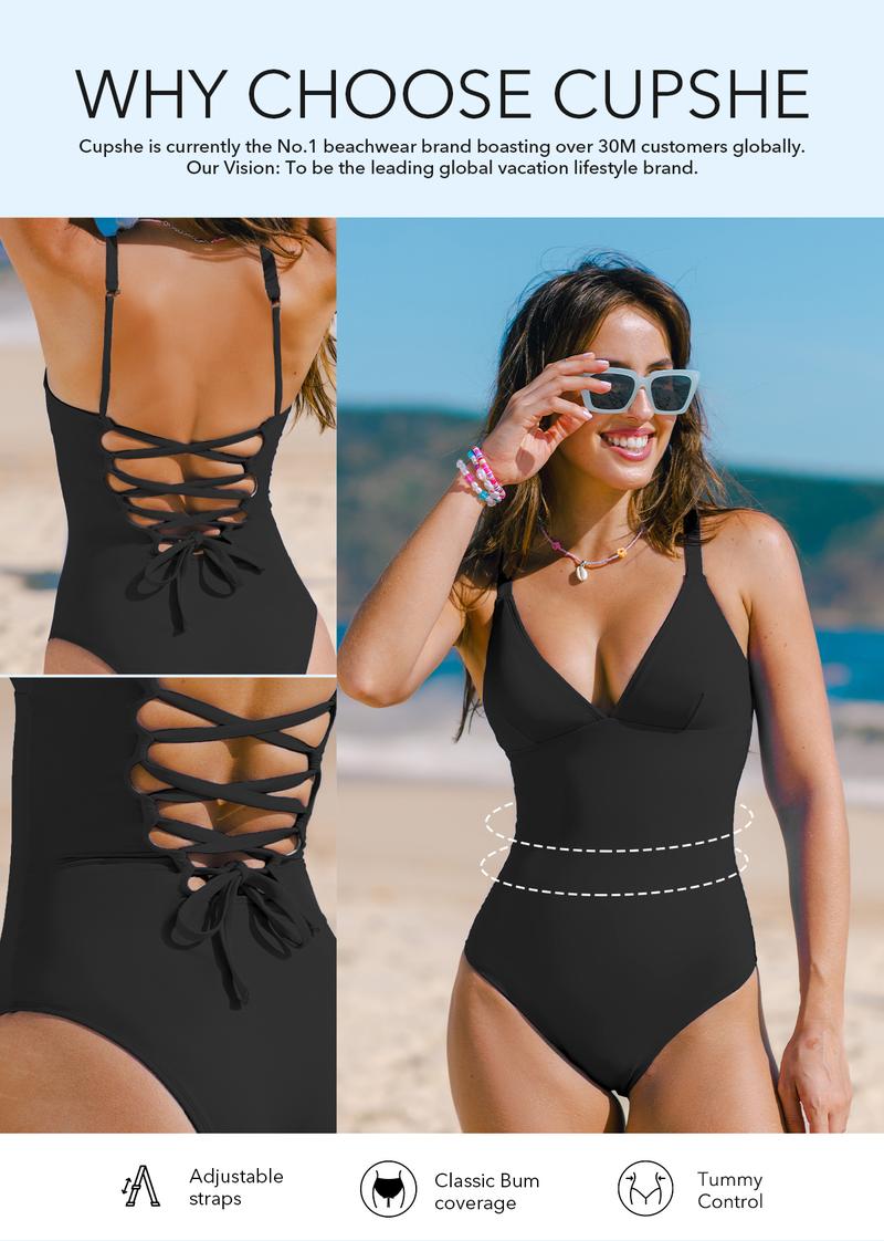CUPSHE One Piece Swimsuit: Plunging V Neck Sculpting Tummy Control Bathing Suit with Adjustable Lace-Up Back (Size XS-3XL)