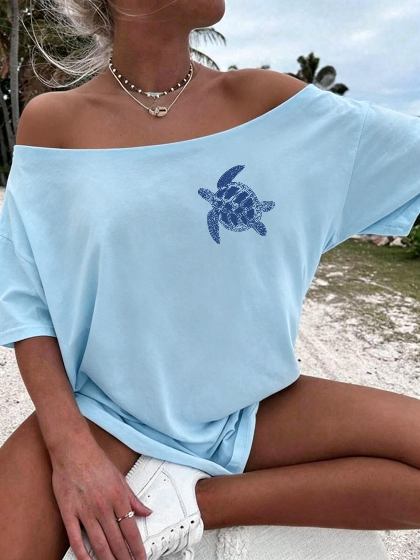 Women's Oceanic Turtle Print Off-Shoulder Loose Summer T-Shirt, Casual Fashion Loose, Casual Short Sleeve Bohemian Beach Top, Boho Casual Wear