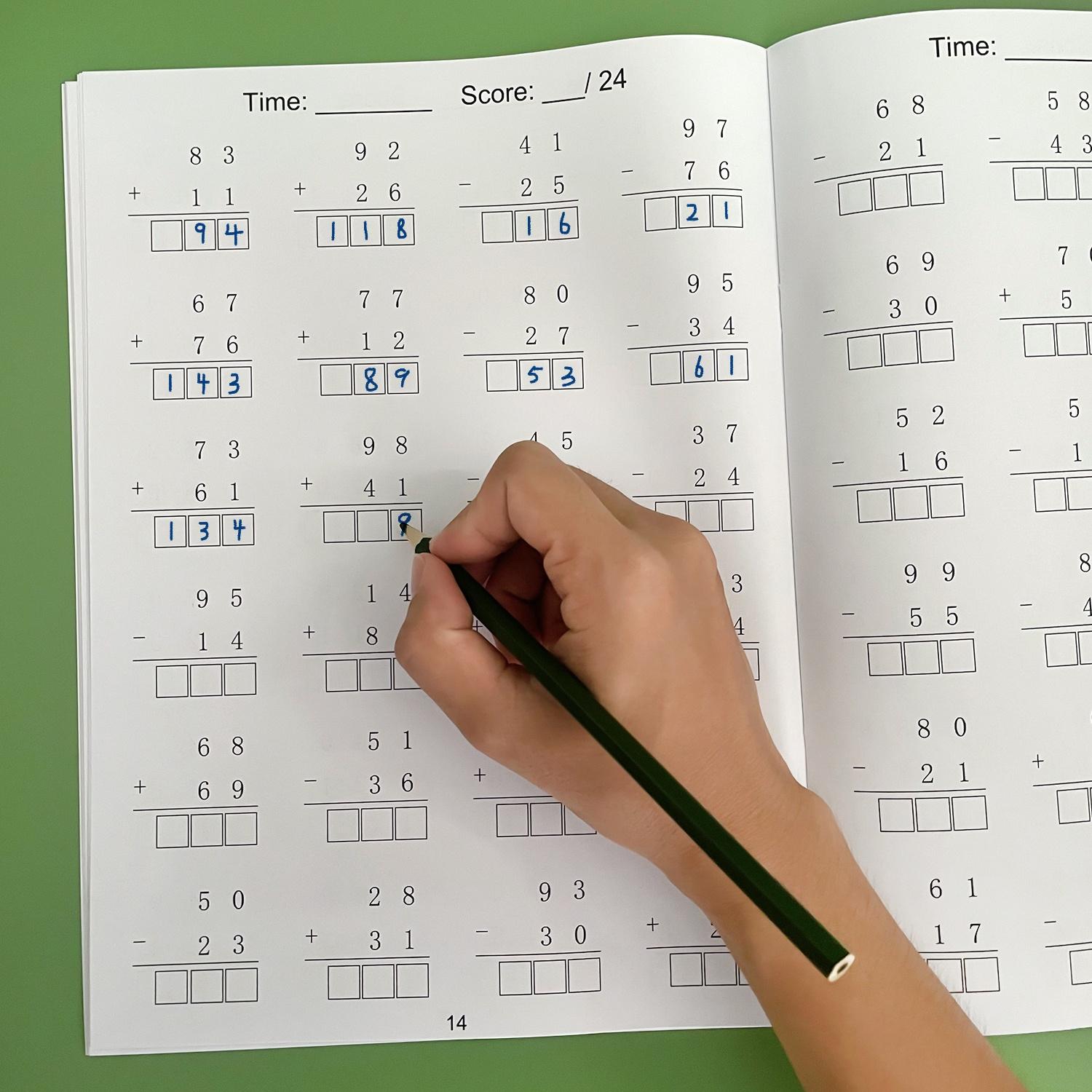 32-Page children's math workbook, multiplication, division, addition and subtraction within 1000, math learning, practice activity worksheet, School Supplies