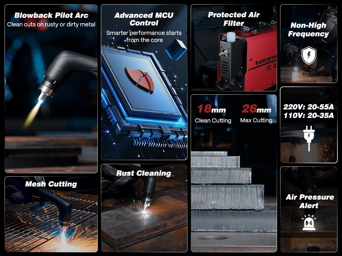 Arccaptain CUT55 Non-HF Plasma Cutter, Blowback Non-HF Pilot Arc Plasma Cutting Machine, Large LED Display IGBT Inverter 110/220V Dual Voltage, 3/5" Clean Cut, Mesh Cutting, Rust Removal, PA PT Adjustable, Black Friday Deals, Xmax Gift for Man and Dad