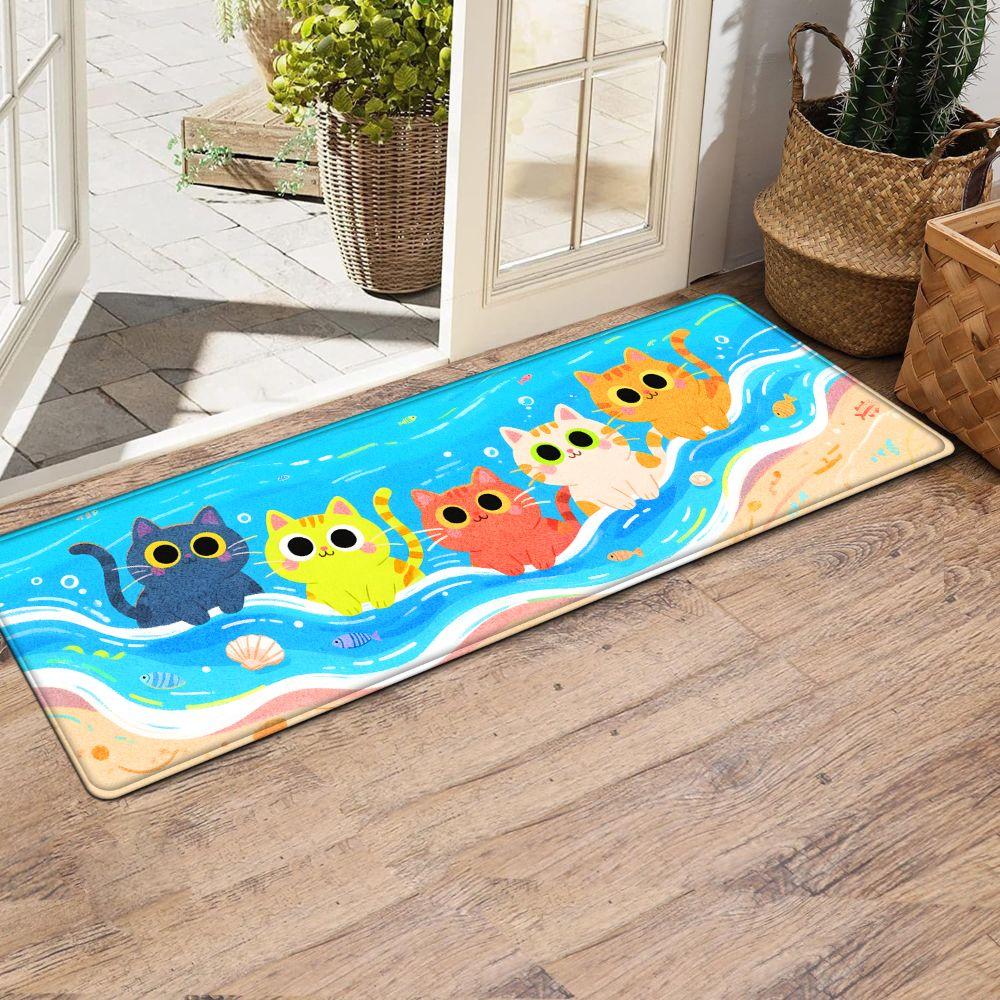 1PC， Colorful Cats on the Beach Patterned strip rugs, home décor, bathroom mats, entryway mats, bathroom non-slip mats, indoor entrance rugs, bedroom bedside mats, kitchen mats, hallway rugs, flannel sponge rugs, hallway runner rugs