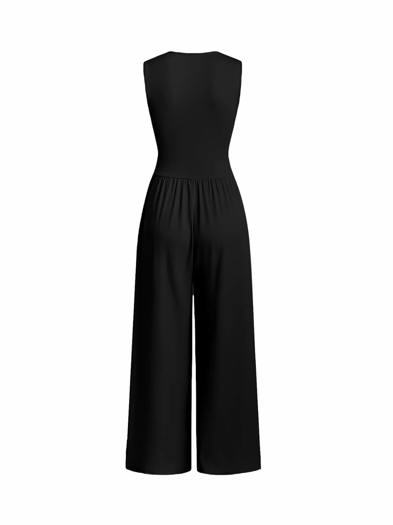 Women's Plain Ruched Deep V Neck Wide Leg Jumpsuit, Sleeveless Ribbed Jumpsuit for Daily Wear, Ladies Clothes for All Seasons, Casual Basic Jumpsuit, Casual Jumpsuits