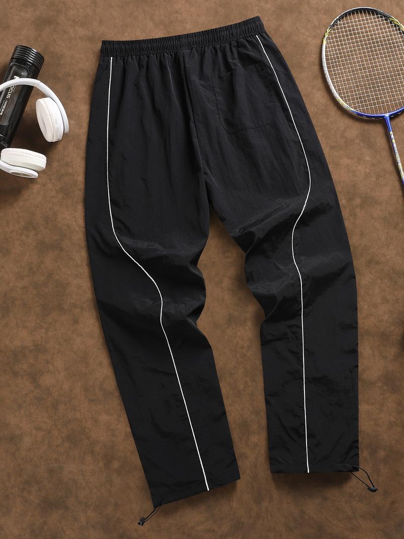 Men's Fashion Casual Sports Pants, Striped Colorblock Design, Letter Print, Nylon Fabric, Lightweight Breathable, Perfect for Daily Wear
