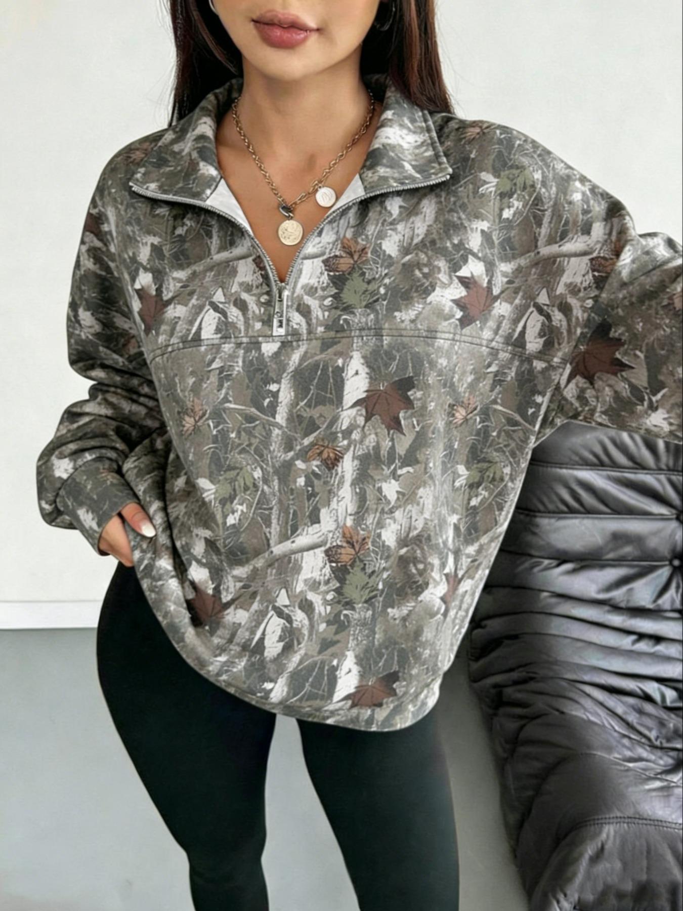 Women's Hooded Half-Zip Casual Round Neck Sport Top, Full Print Leaf Pattern, Digital Printing, Loose Fit, Fall & Winter