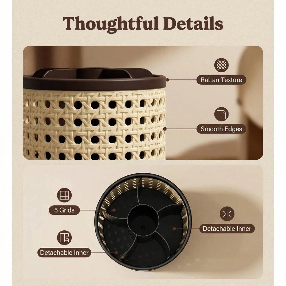 Vintage Woven Makeup Organizer, Large Capacity Rotating Desk Pen Holder, Detachable Easy Clean Compartment Brush Storage Box