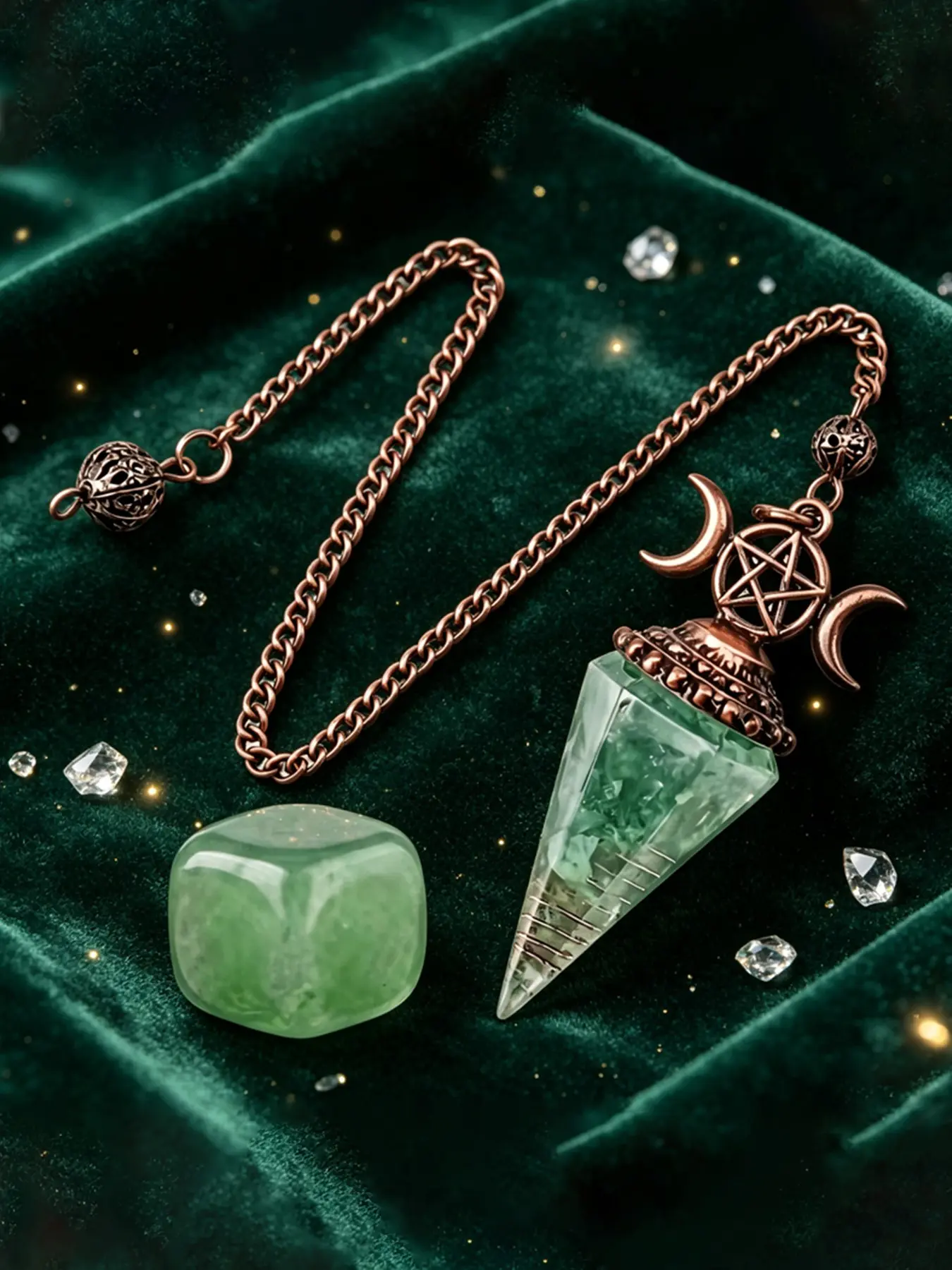 2pcs/set Antique Copper Natural Crystal Dong Ling Pendulum Pendant Necklace, Halloween Christmas Gift, Divination Spiritual Exploration