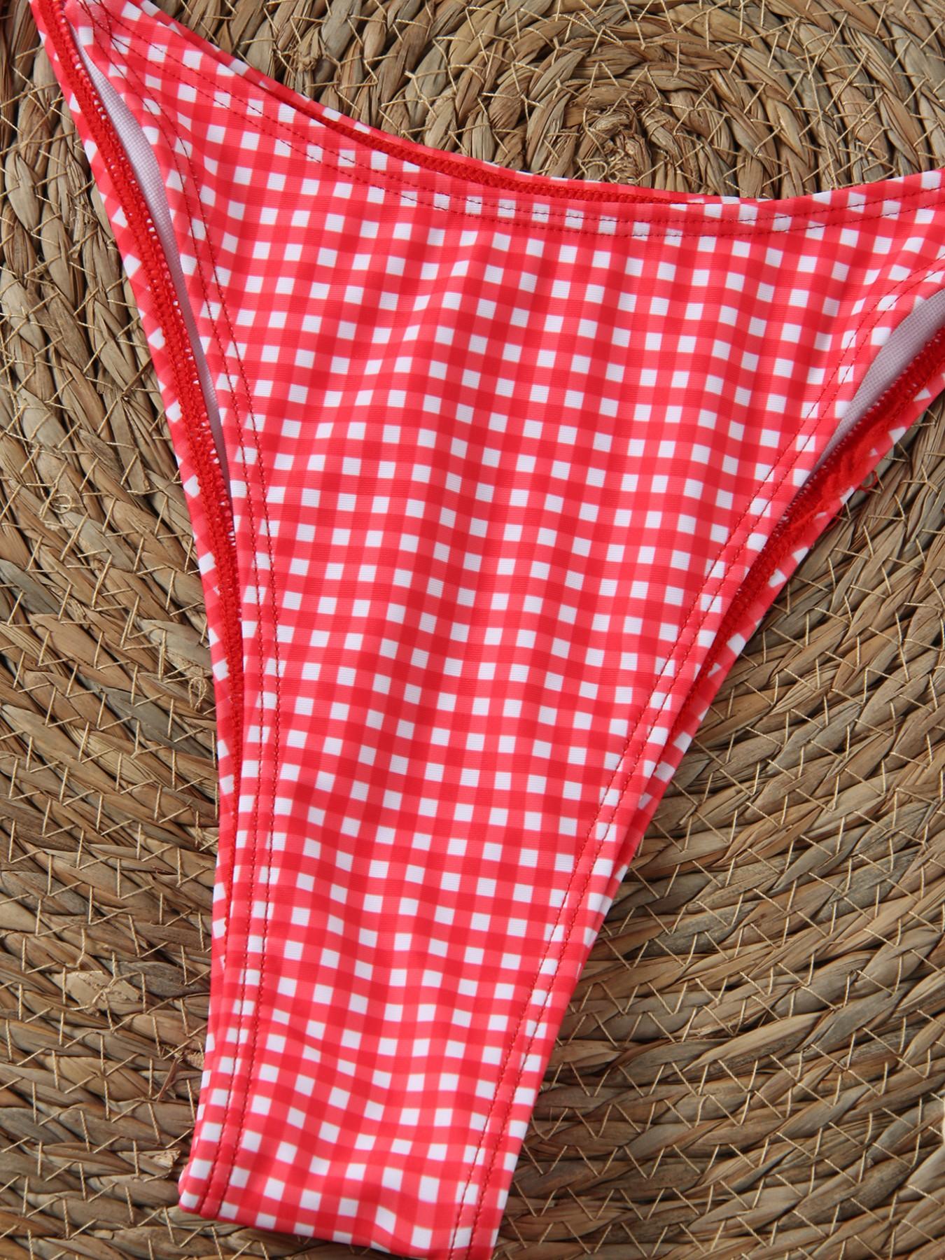 Women's Plaid Halter Cute Sexy Bikini Swimsuit Set, Summer Clothing, Fitted Lace Up Design, Tie Side Bottoms, All Seasons