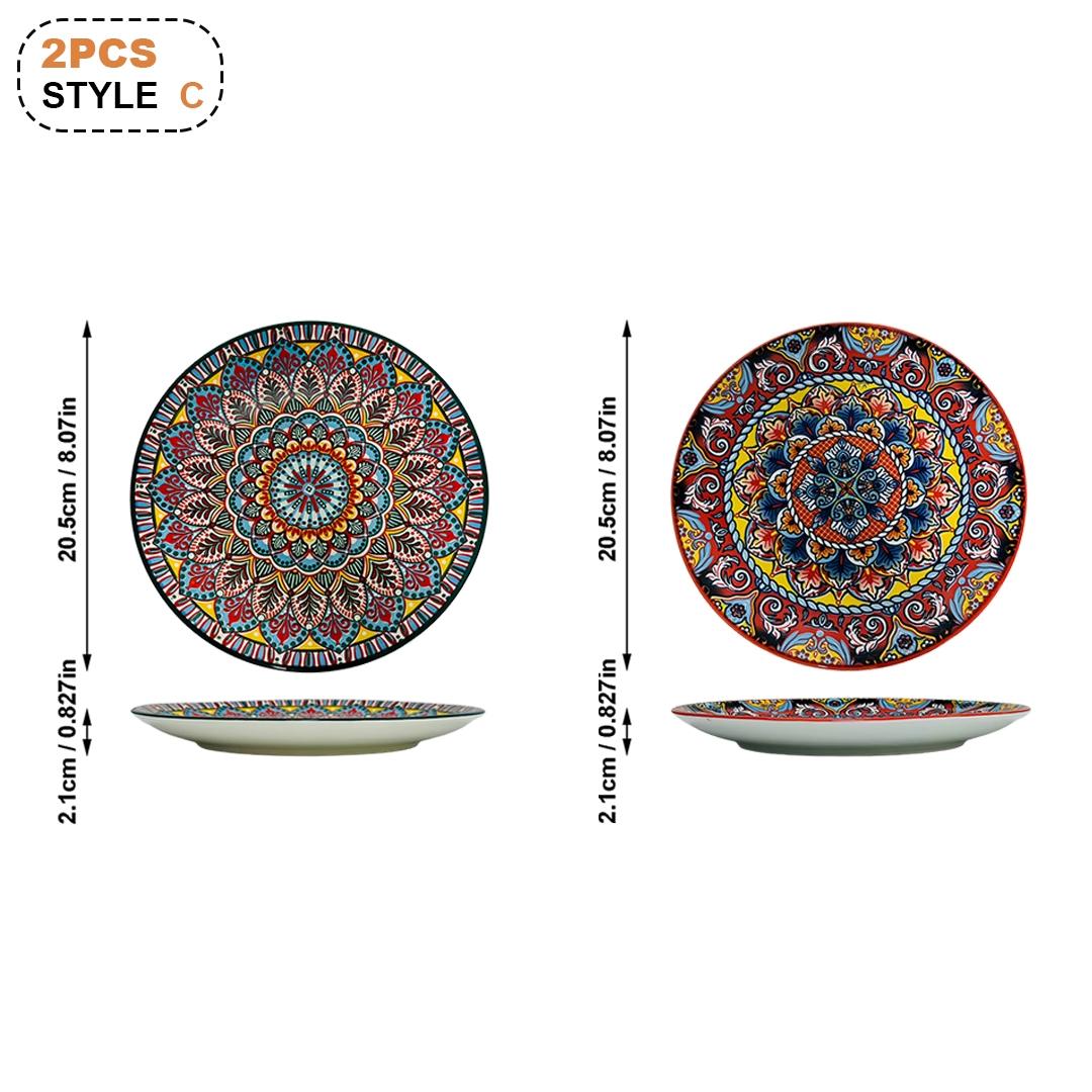 2-Piece 8.07-Inch Ceramic Plate Set, Boho Style Kitchen Diningware, Creative Home Tableware, Fruit Bowl, Steak Plate, Shallow Round Plates