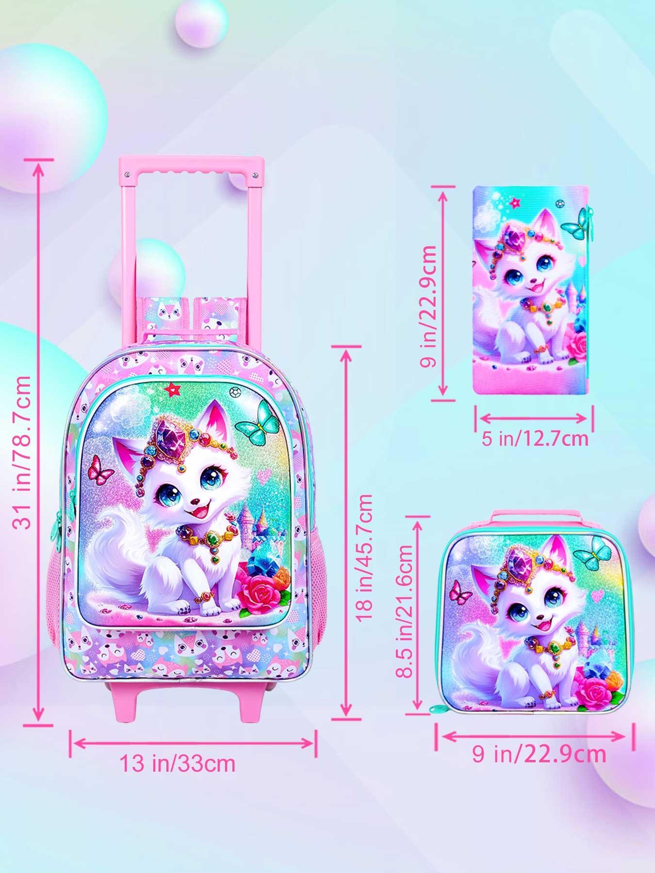 Girls' Rolling Backpack Set, Fox Pattern School Bag with Wheels, School Backpacks, Rolling Bookbag and Lunch Box for Preschool (white)