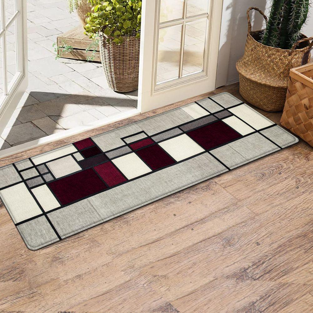 1PC， Black Red Gray Geometric Splicing Patterned strip rugs, home décor, bathroom mats, entryway mats, bathroom non-slip mats, indoor entrance rugs, bedroom bedside mats, kitchen mats, hallway rugs, flannel sponge rugs, hallway runner rugs