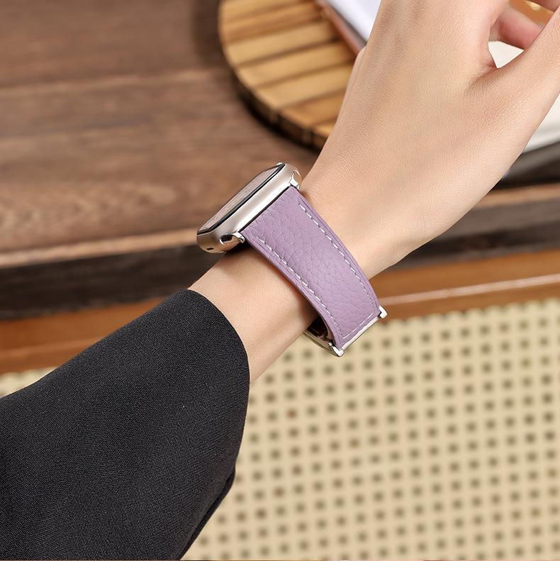 New H-Type Magnetic Buckle Lychee Pattern Leather Smart Watch Strap (38-49mm)