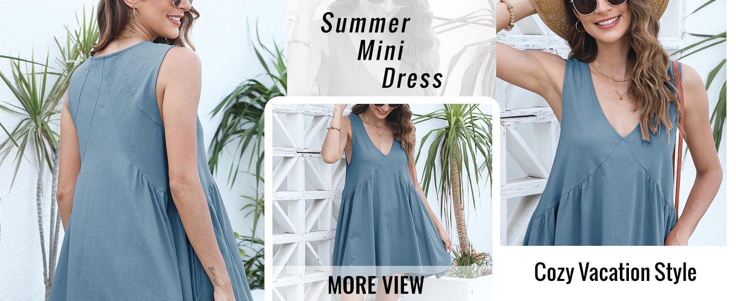 Molitree Womens Summer Sleeveless Mini Dress Casual Loose V Neck Beach Sundress with Pockets