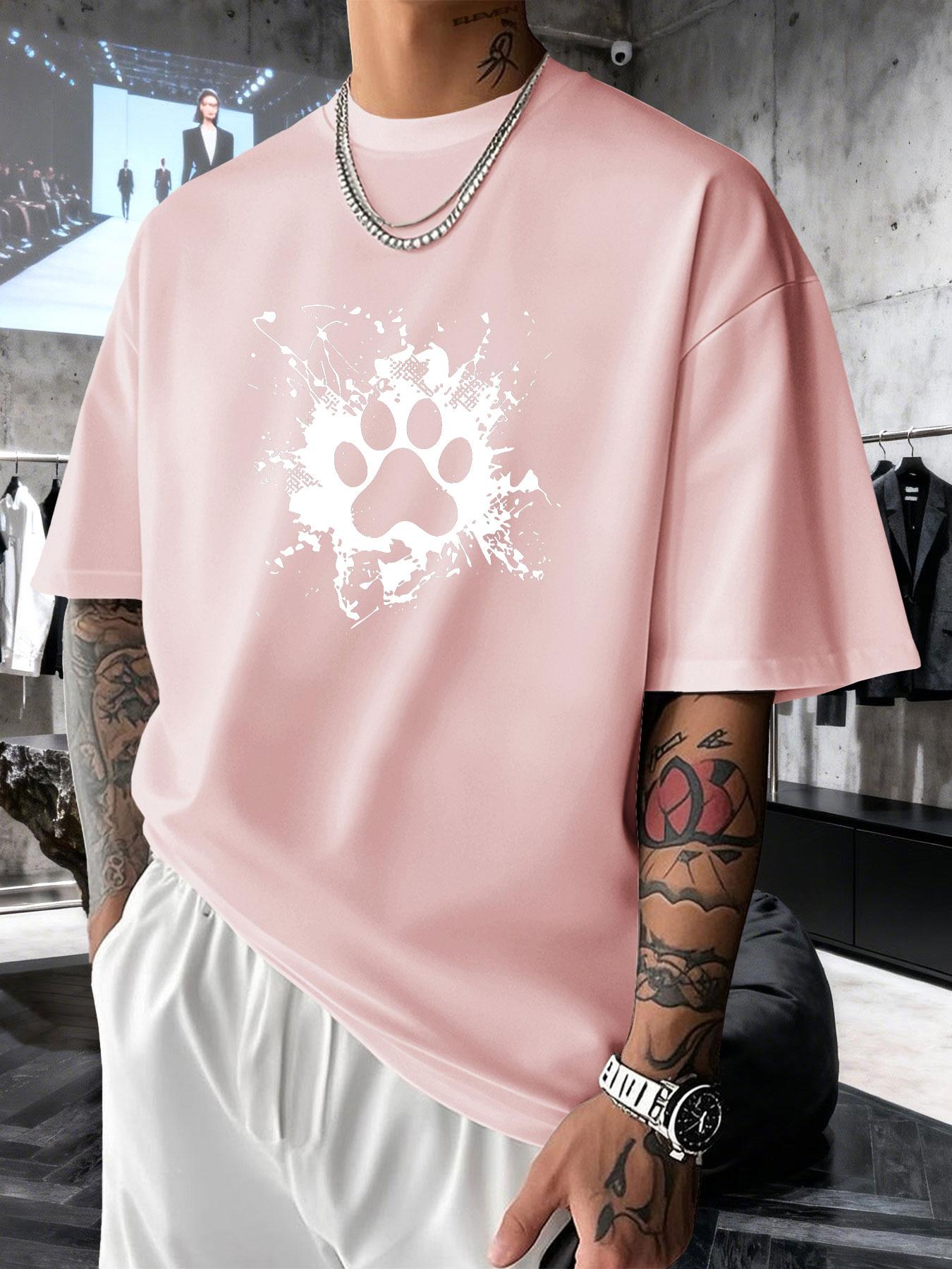 Men's Short Sleeve T-Shirt Summer, Dog Paw Cat Paw Ink Creative Print, Heart Healing Style, Loose Fit Drop Shoulder Top