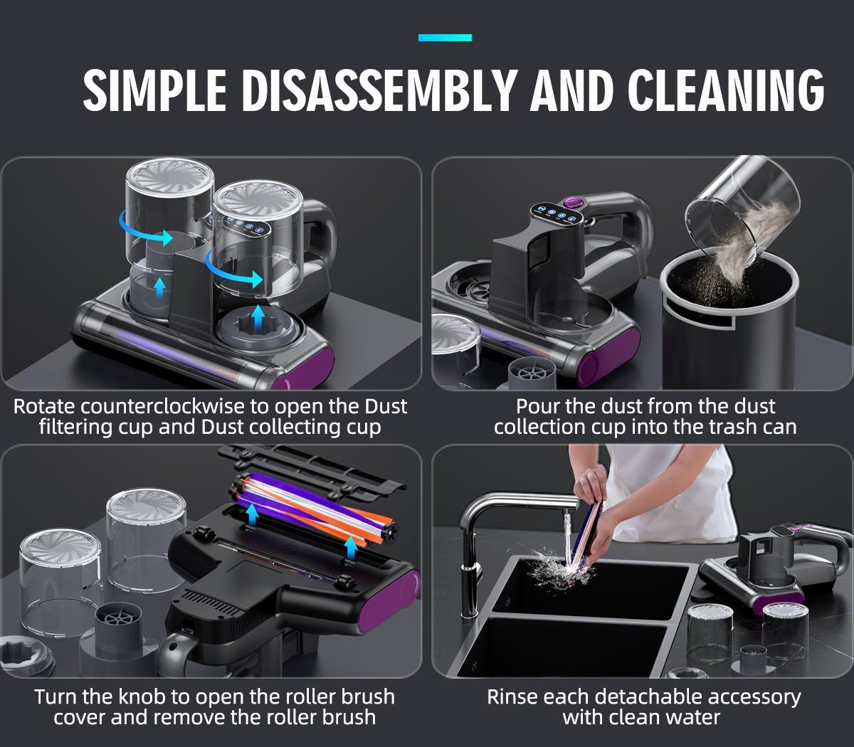 JPHYLL Mattress Mite Remover Vacuum Cleaner 16KPa Strong Suction UV-C Sanitizing LED Display 6-in-1 Handheld for Carpets Sofa Bedding 380W Brushless Motor House Cleaning Gadgets