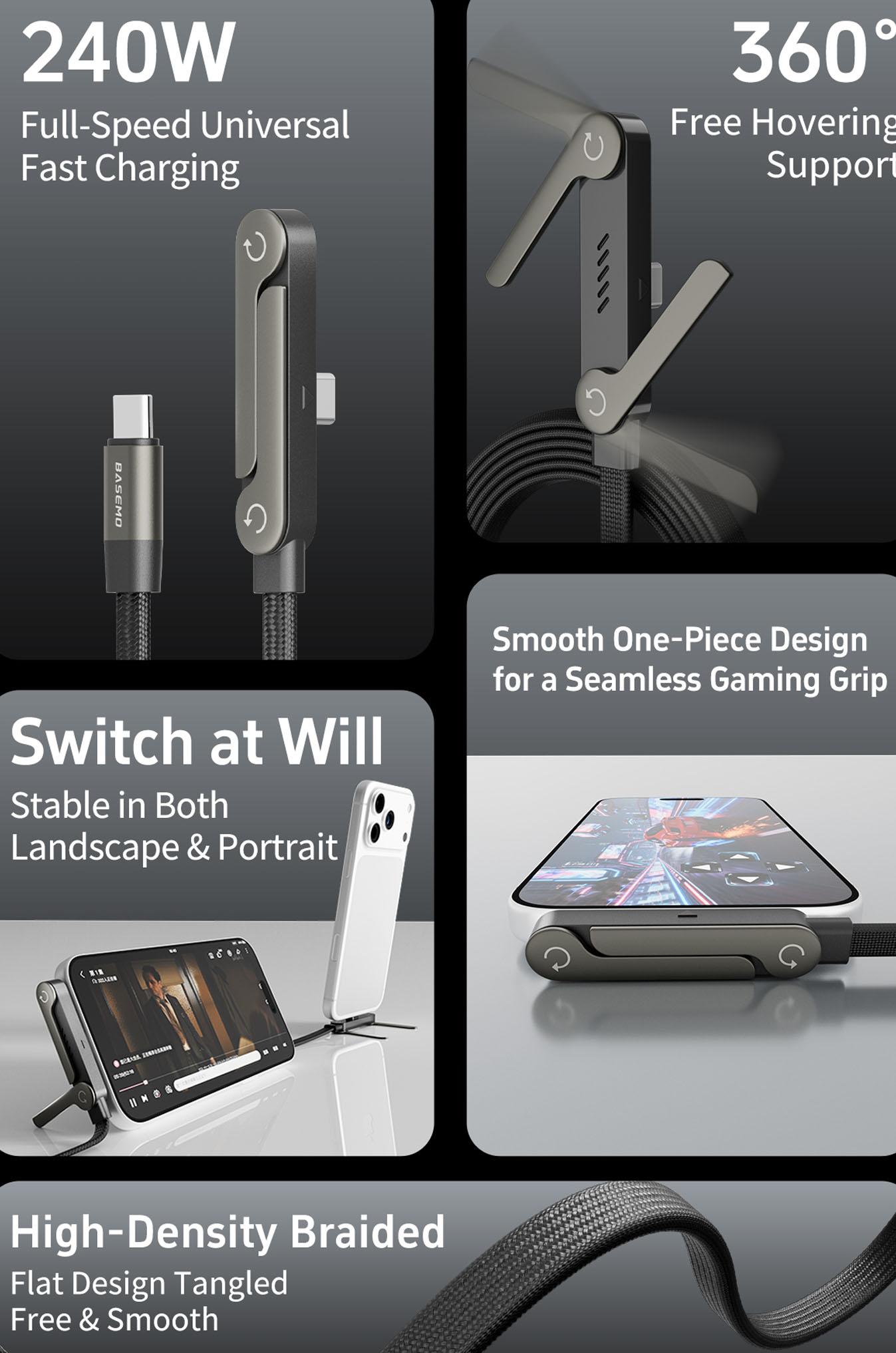 Fully Compatible Full Function Data Line, Adjustable Phone Stand Charging Cable, 240w Flexible Flat Cord for Various Devices