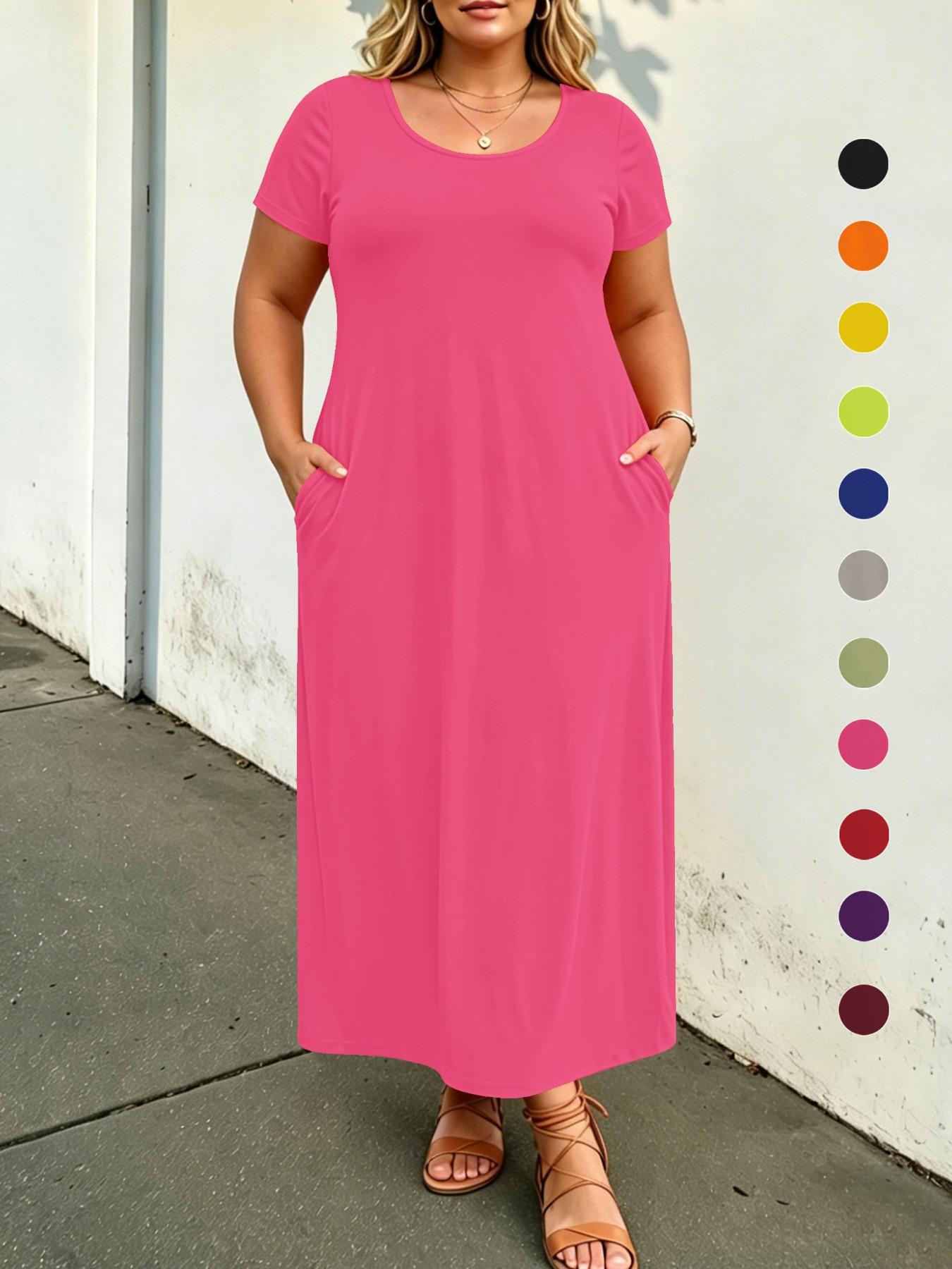 Plus Size Solid Color Loose Maxi Dress, Short Sleeve, Round Neck, Side Pockets, Curvy Daily Wear, Tummy Hiding