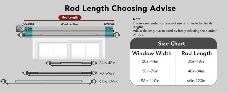 Deconovo Adjustable Heavy Duty Curtain Rod - Telescopic for Bedroom/Living Room, Easy Install (3/4" Steel, Brackets & Finials, Grommet/Tab)