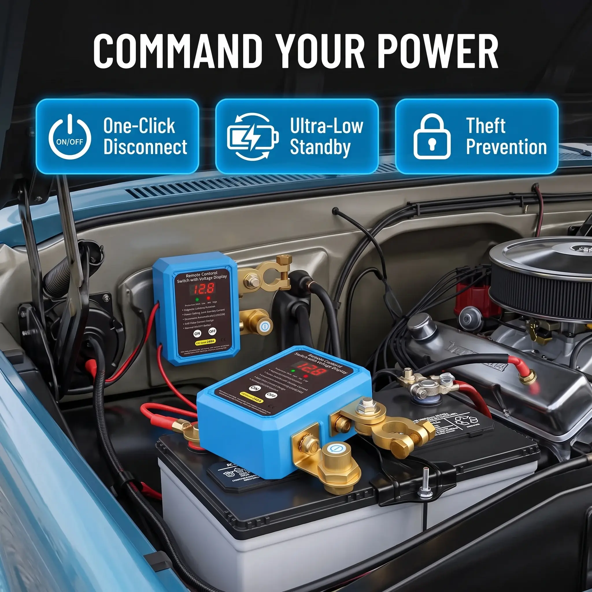 Wireless Remote Battery Cutoff Switch 12V/24V 240A, Digital Voltage Monitoring Disconnect Switch, Anti-Theft Kill Switch Kit for Vehicles, RV, Truck and Boats