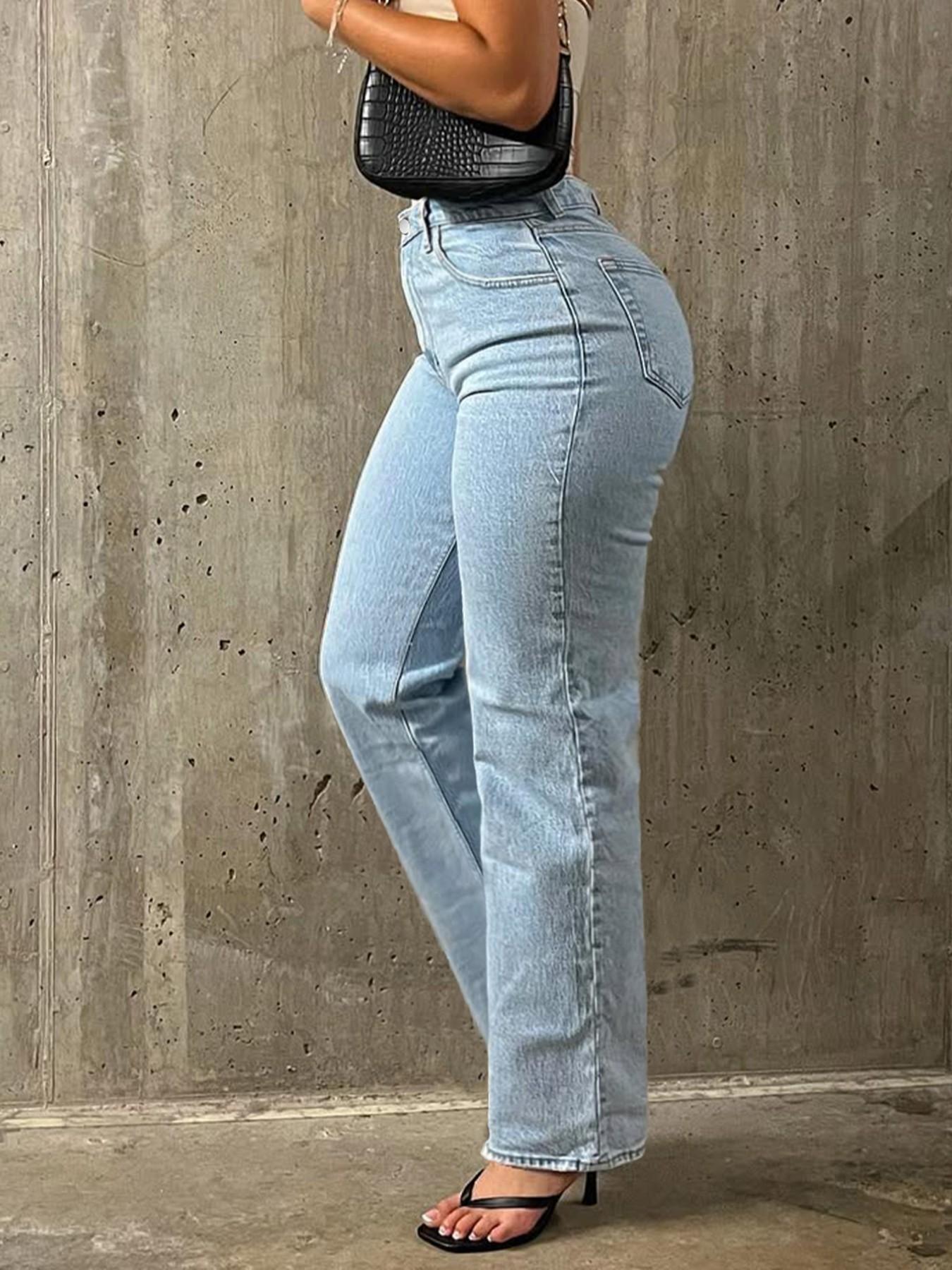 Spring Summer Fashion Casual Fitted Light Blue Denim Straight Leg Pants for Women, Comfortable Elastic Waist Jeans for Daily Wear Womenswear