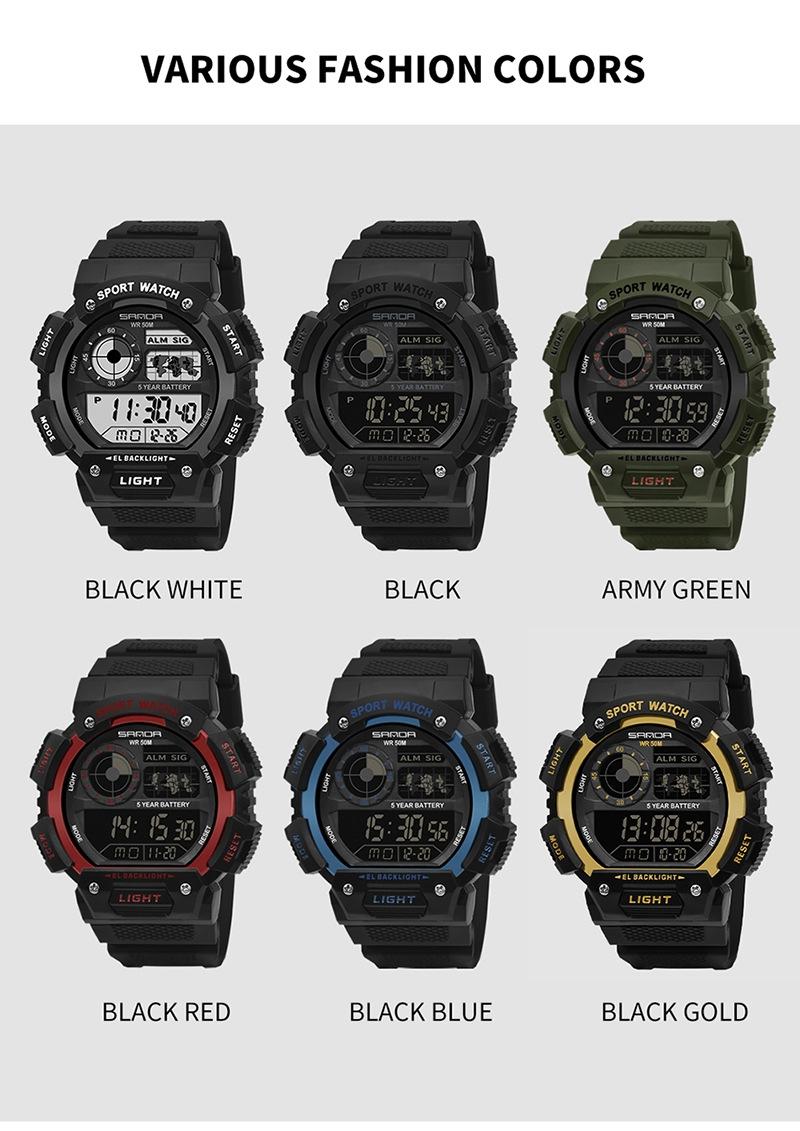 Sanda Fashion Waterproof Digital Watch for Youth, Dual Time, Stopwatch, Alarm, Luminous, Week Date, 12/24h, Casual Style, All Seasons