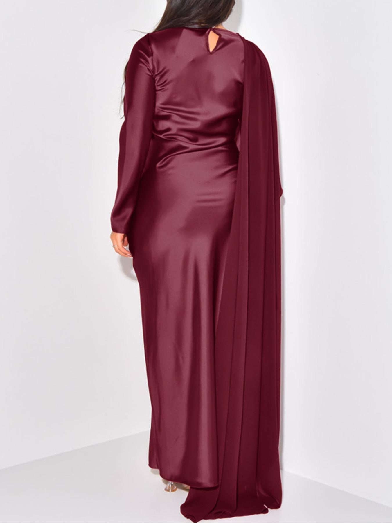 Pure Color Elegant Fashion One-Shoulder Cape Long Sleeve Dress, Fitted Style, Plain Pattern, Long Dress Length, Women's Clothing, Formal Wear