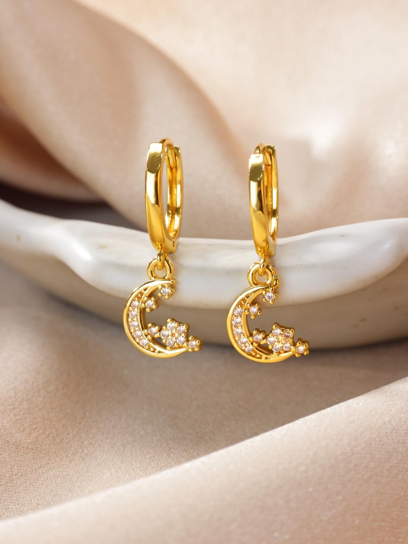 1 Pair Zircon Star Moon Earrings for Women 18K Gold Plated Dangle Drop Earrings Fashion Jewelry,Perfect Gifts for Birthday,Party,Wedding,Anniversary,Mother's Day,Vacation,Daily