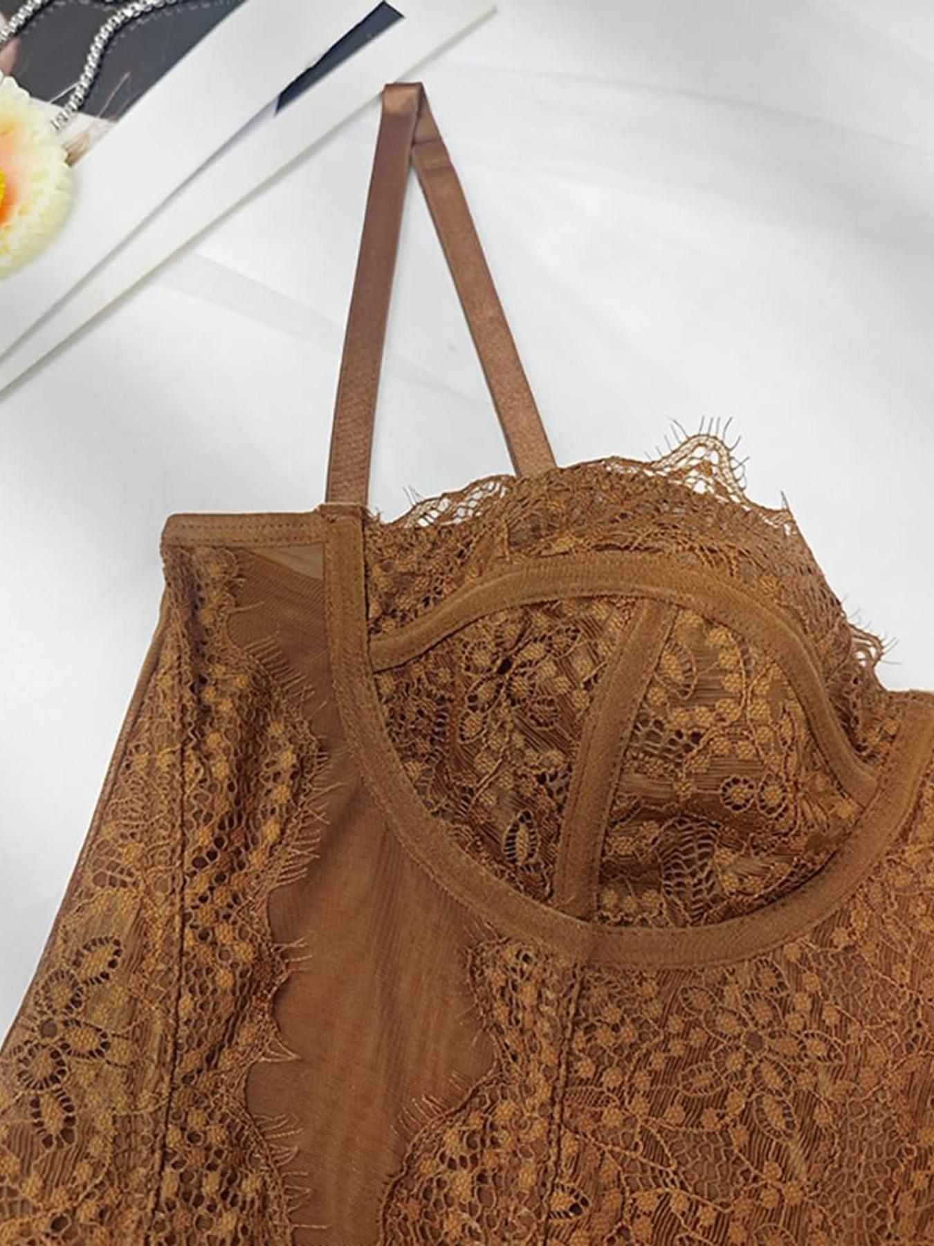 WindShape 1pcs Solid Color Lace Patchwork Bodysuit with Steel Ring Transparent Inner Tank Top Hollow Out Design Y2K Fishbone Style