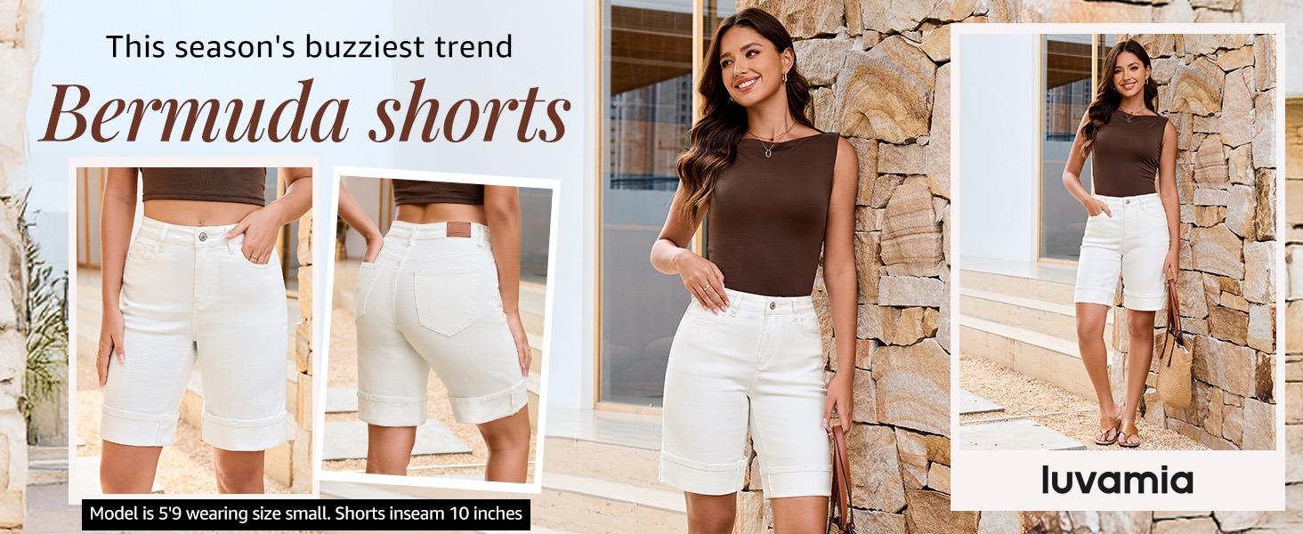 luvamia Jean Bermuda Shorts for Women High Waisted Knee Length Cuffed Long Stretchy Denim Shorts Loose Summer Jorts