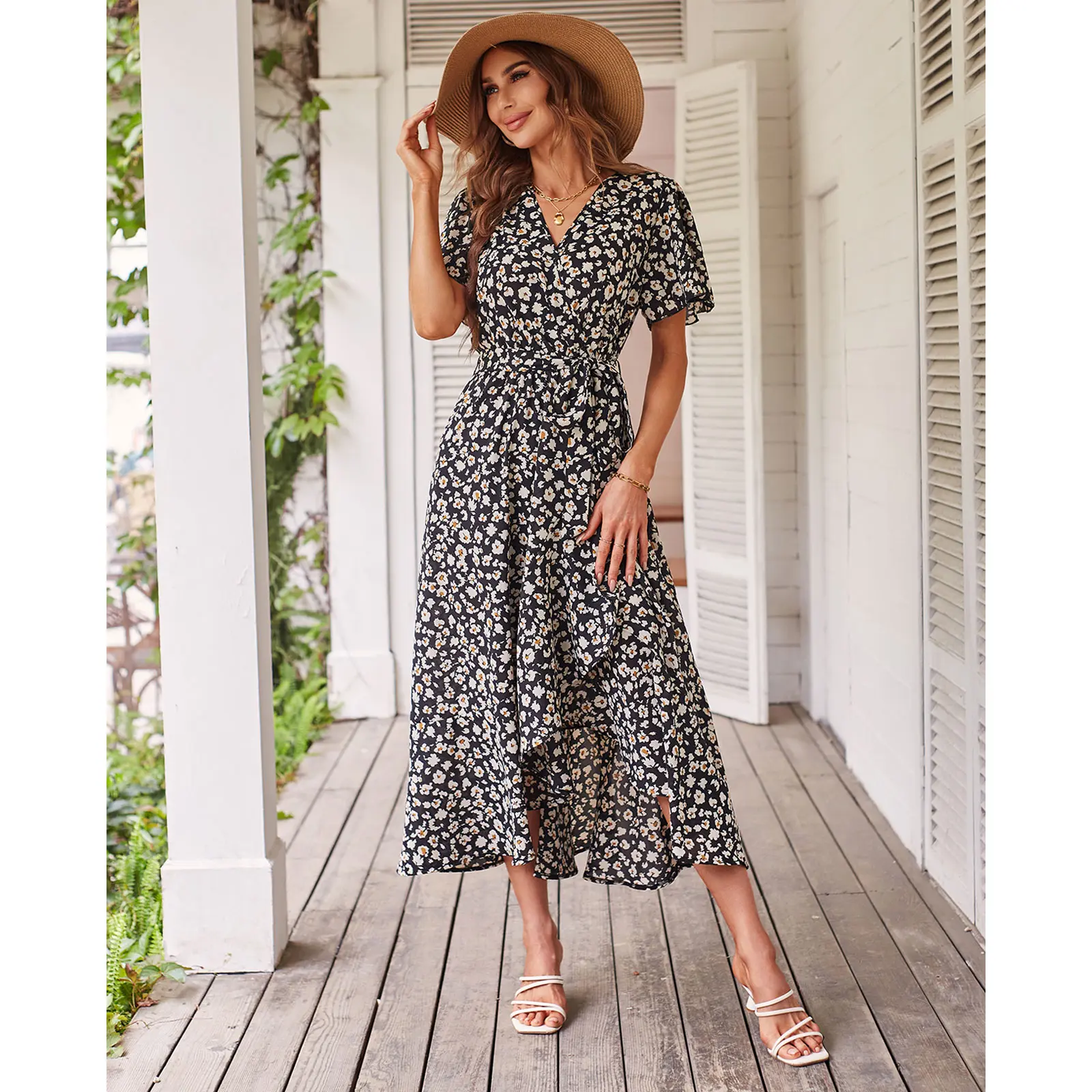 YNIQUE Women's Bohemian Casual Chic V-Neck Wrap Floral Midi Dress - Short Flutter Sleeves, Ruffle Hem, Tie Waist - Summer Beach Holiday Dresses for Women